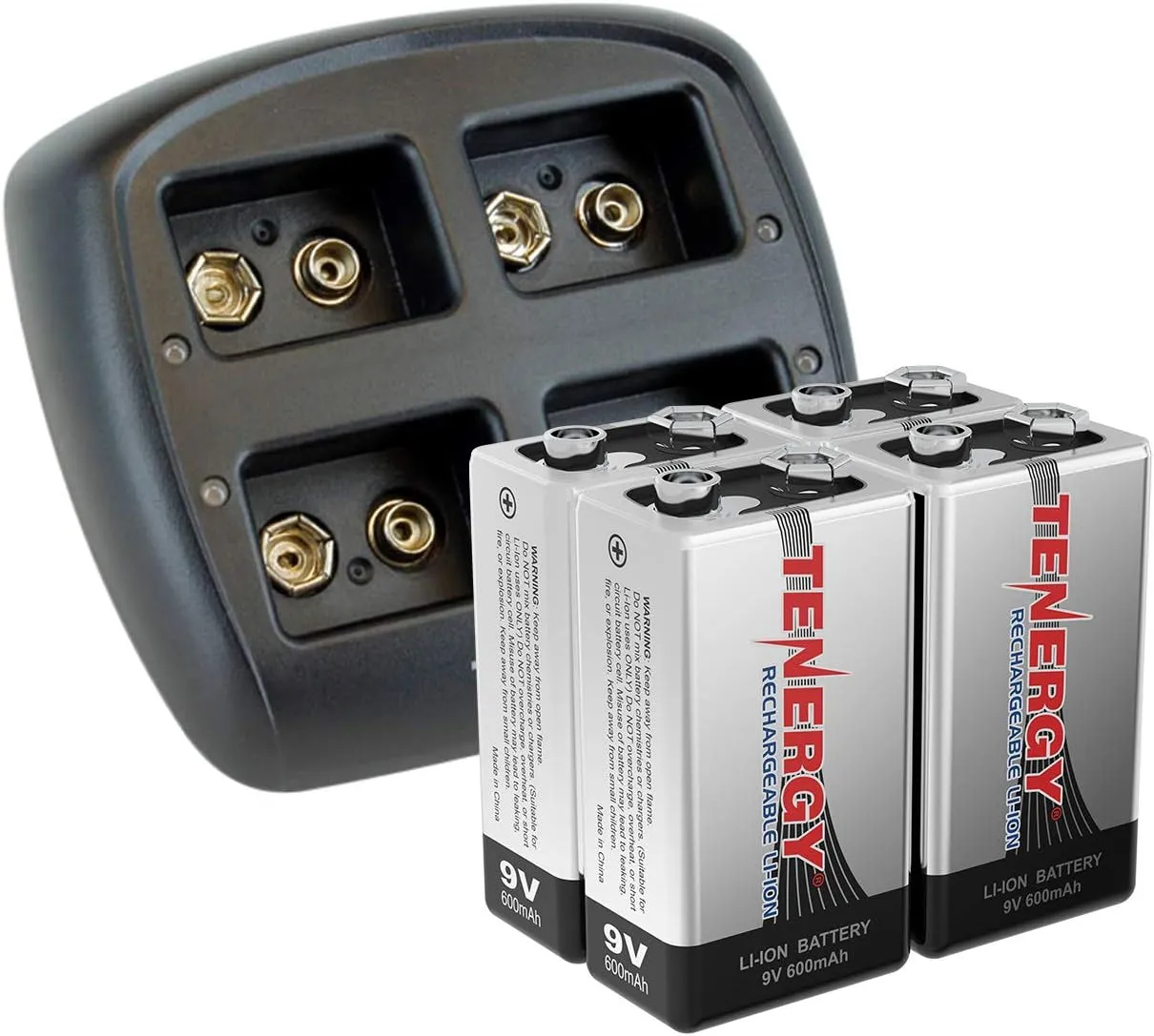 Tenergy TN294 4-Bay 9V Li-ion Battery Charger   4pcs 9V 600mAh Li-ion Rechargeable Battery
