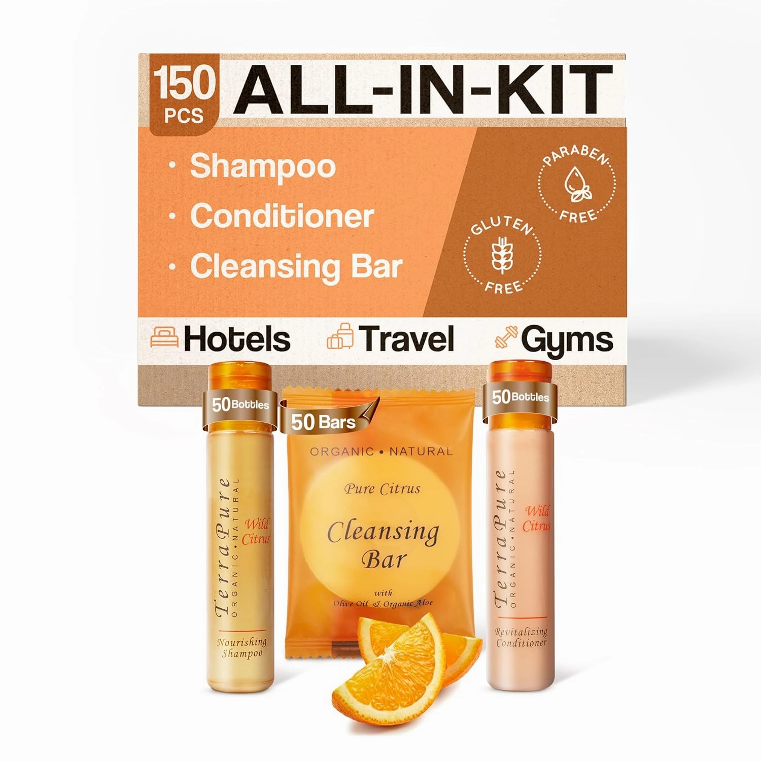 Terra Pure Wild Citrus Soaps & Toiletries Bulk Set | 1-Shoppe Amenities Kit for Hotels & Vacation Rentals | 1 oz Shampoo & Conditioner, 40g Cleansing Bar | 150 Pieces