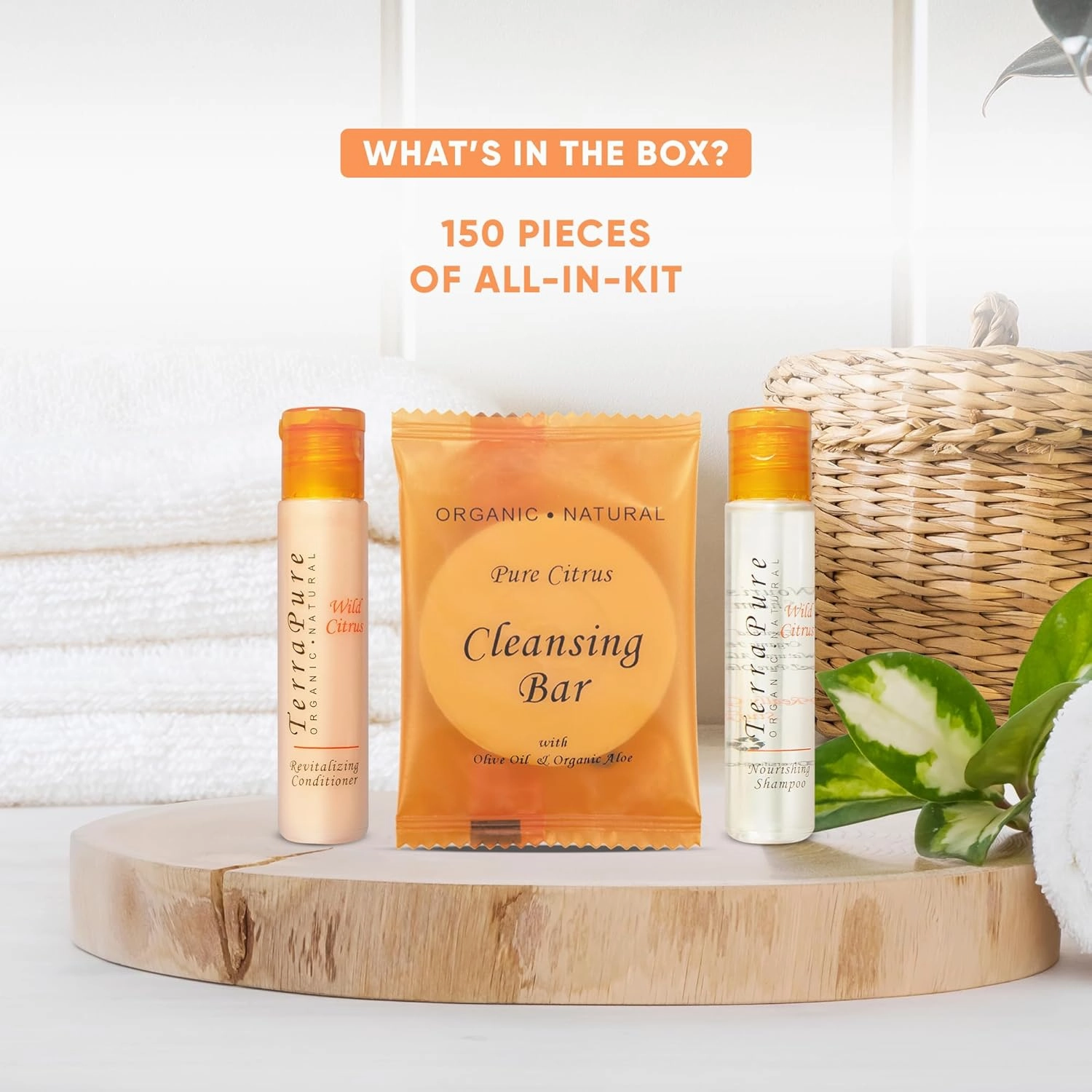 Terra Pure Wild Citrus Soaps & Toiletries Bulk Set | 1-Shoppe Amenities Kit for Hotels & Vacation Rentals | 1 oz Shampoo & Conditioner, 40g Cleansing Bar | 150 Pieces