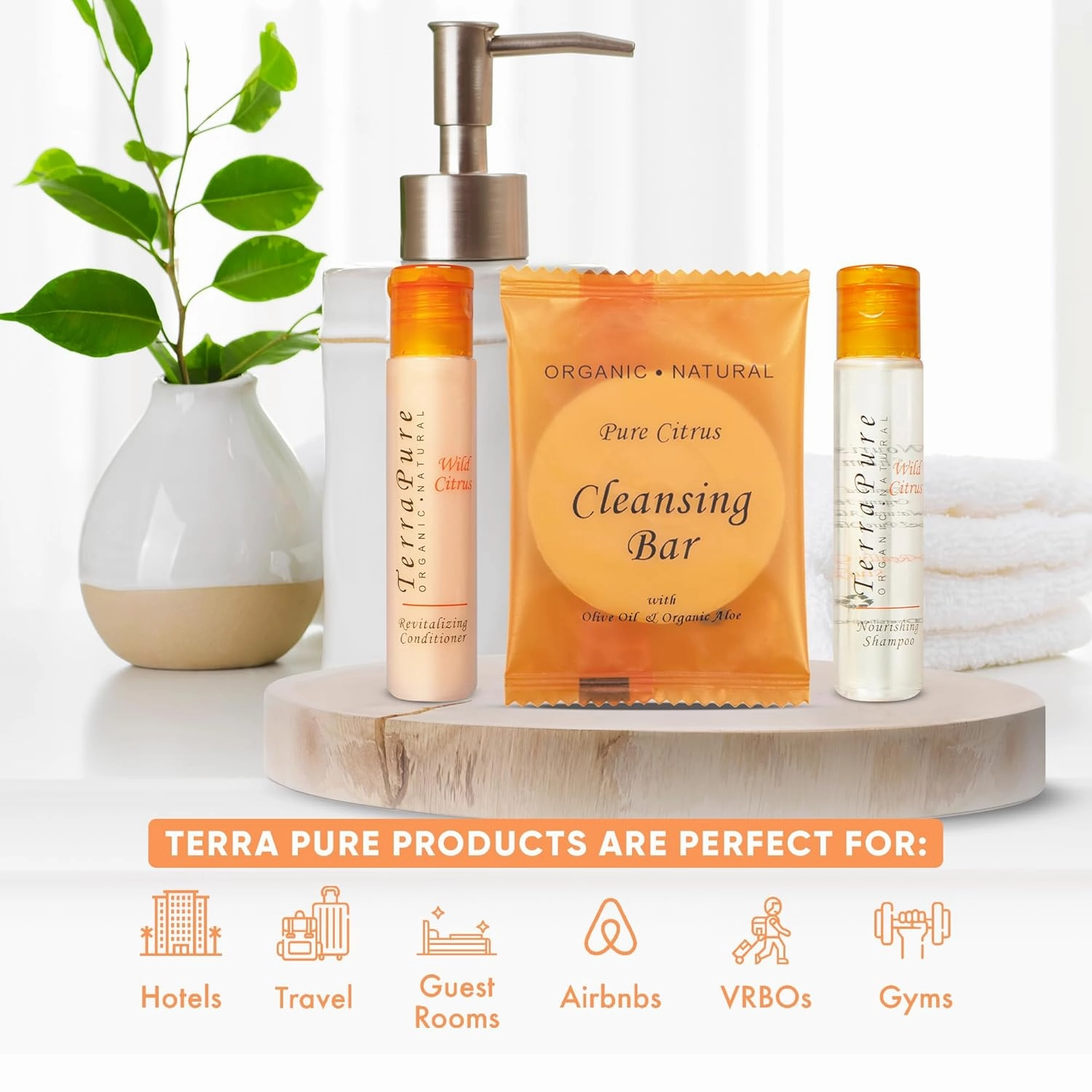 Terra Pure Wild Citrus Soaps & Toiletries Bulk Set | 1-Shoppe Amenities Kit for Hotels & Vacation Rentals | 1 oz Shampoo & Conditioner, 40g Cleansing Bar | 150 Pieces