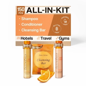 Terra Pure Wild Citrus Soaps & Toiletries Bulk Set | 1-Shoppe Amenities Kit for Hotels & Vacation Rentals | 1 oz Shampoo & Conditioner, 40g Cleansing Bar | 150 Pieces
