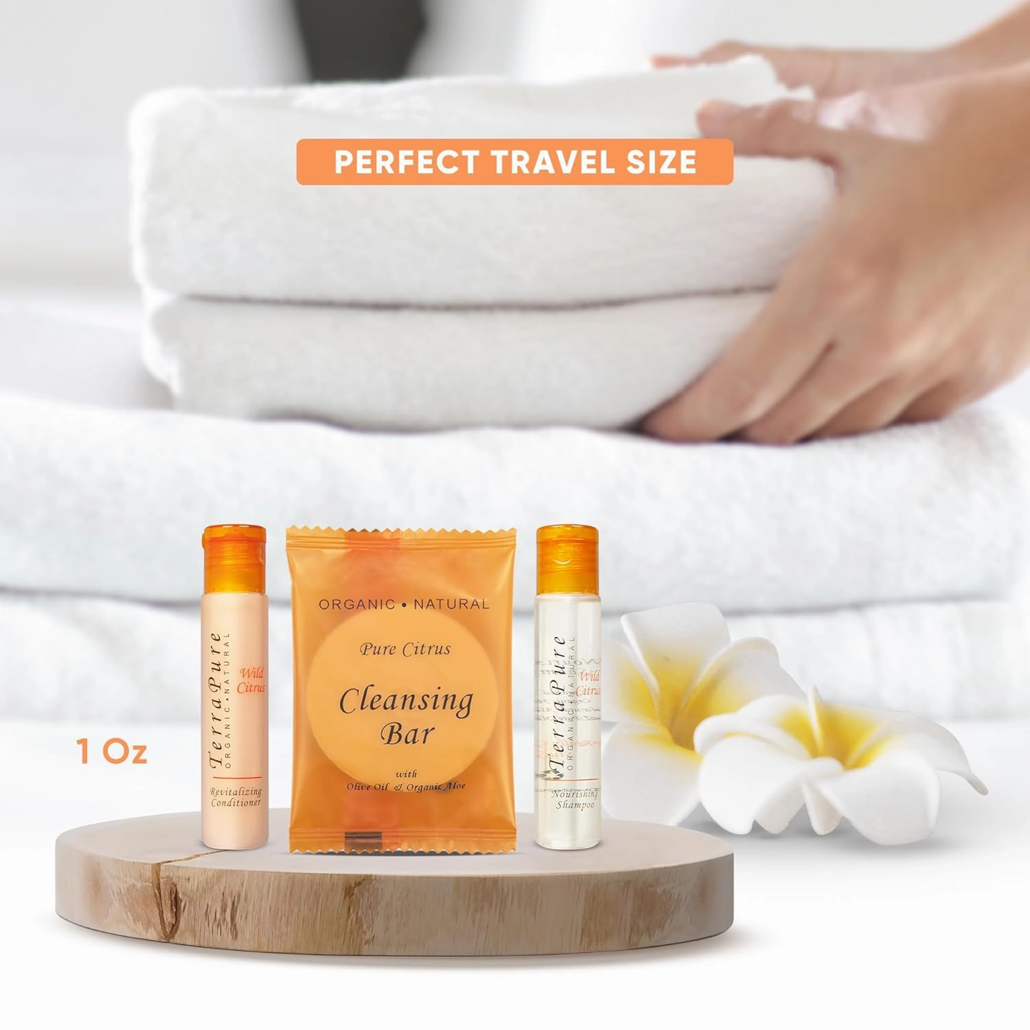 Terra Pure Wild Citrus Soaps & Toiletries Bulk Set | 1-Shoppe Amenities Kit for Hotels & Vacation Rentals | 1 oz Shampoo & Conditioner, 40g Cleansing Bar | 150 Pieces
