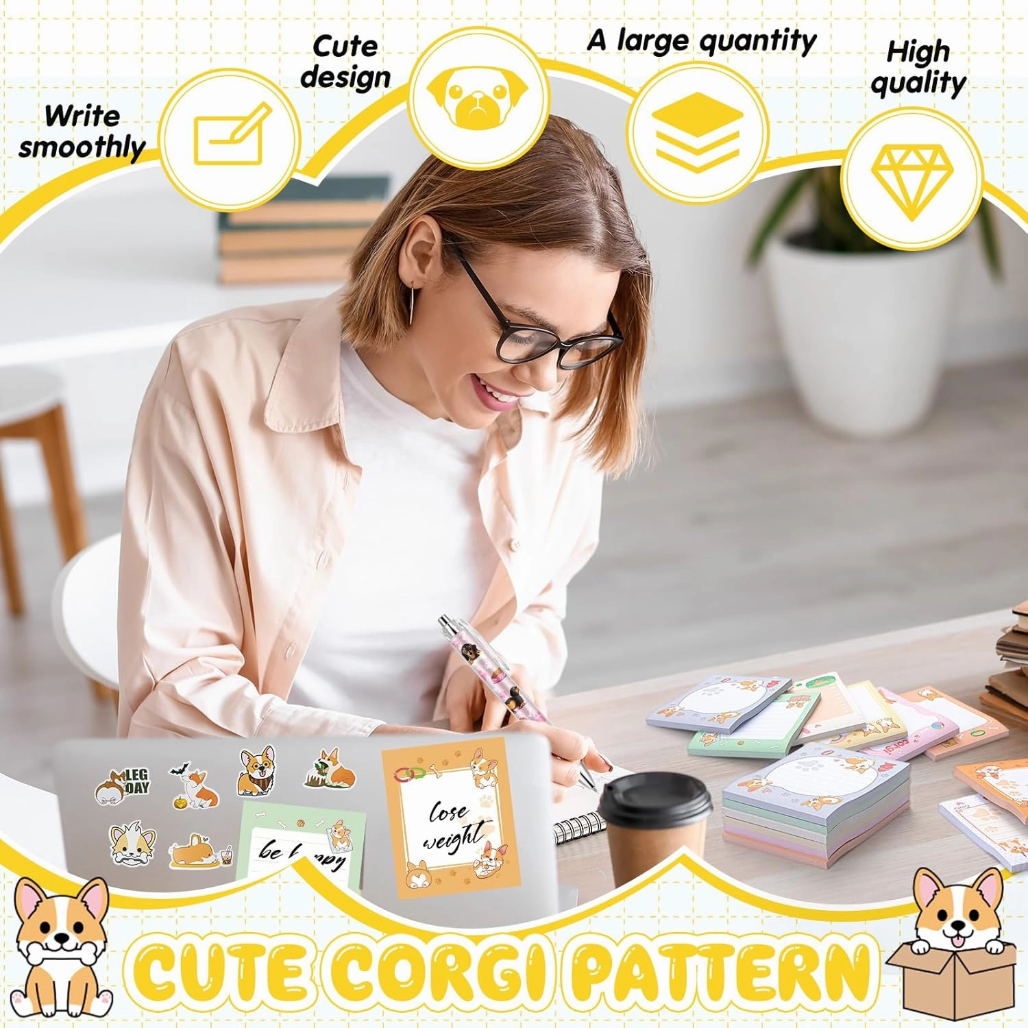 Theme Office Supplies Cute Gifts for Women Include Ballpoint Pens Sticky Notes Stickers School Stationery Set Lover Gifts for Birthday Party Favor Decoration Supplies(Corgi Dog)