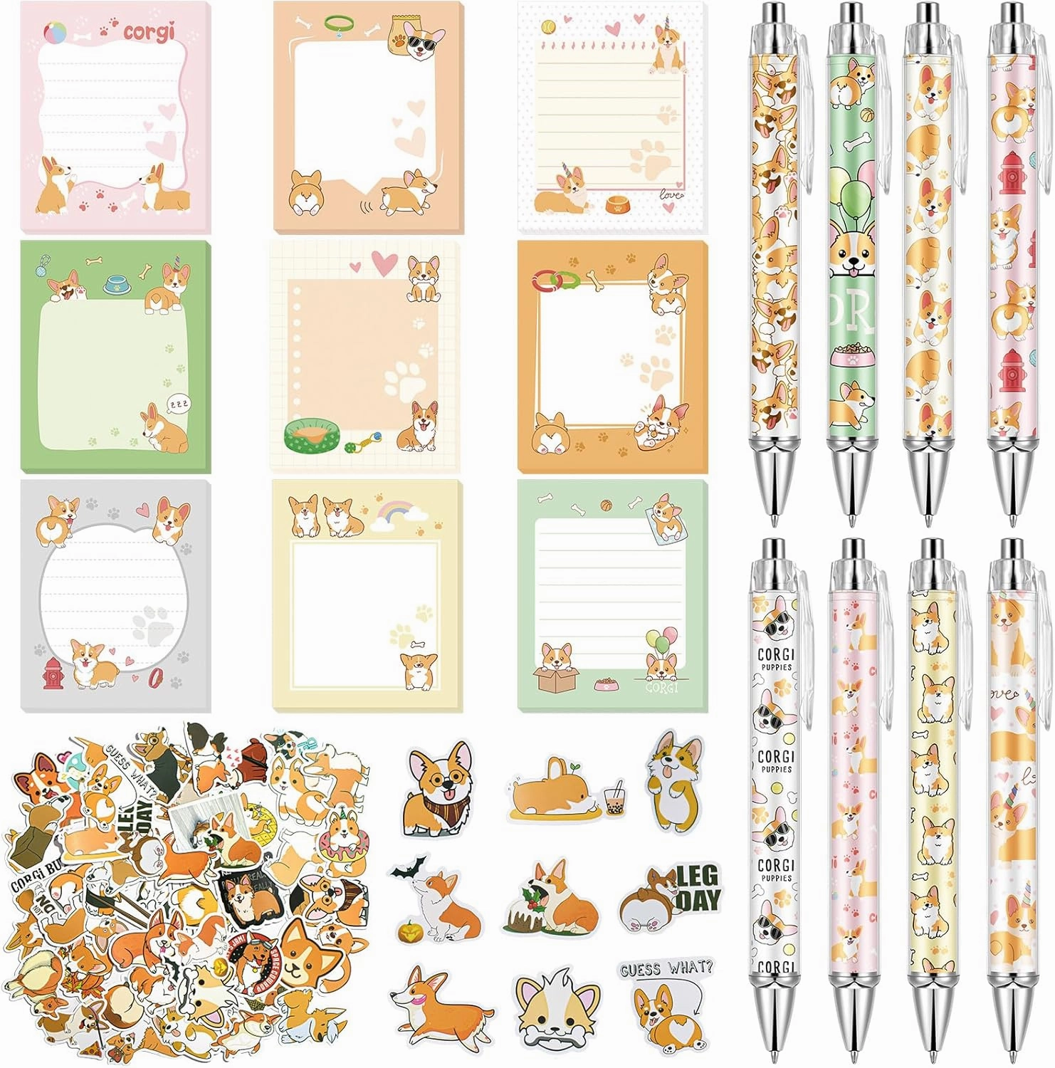 Theme Office Supplies Cute Gifts for Women Include Ballpoint Pens Sticky Notes Stickers School Stationery Set Lover Gifts for Birthday Party Favor Decoration Supplies(Corgi Dog)