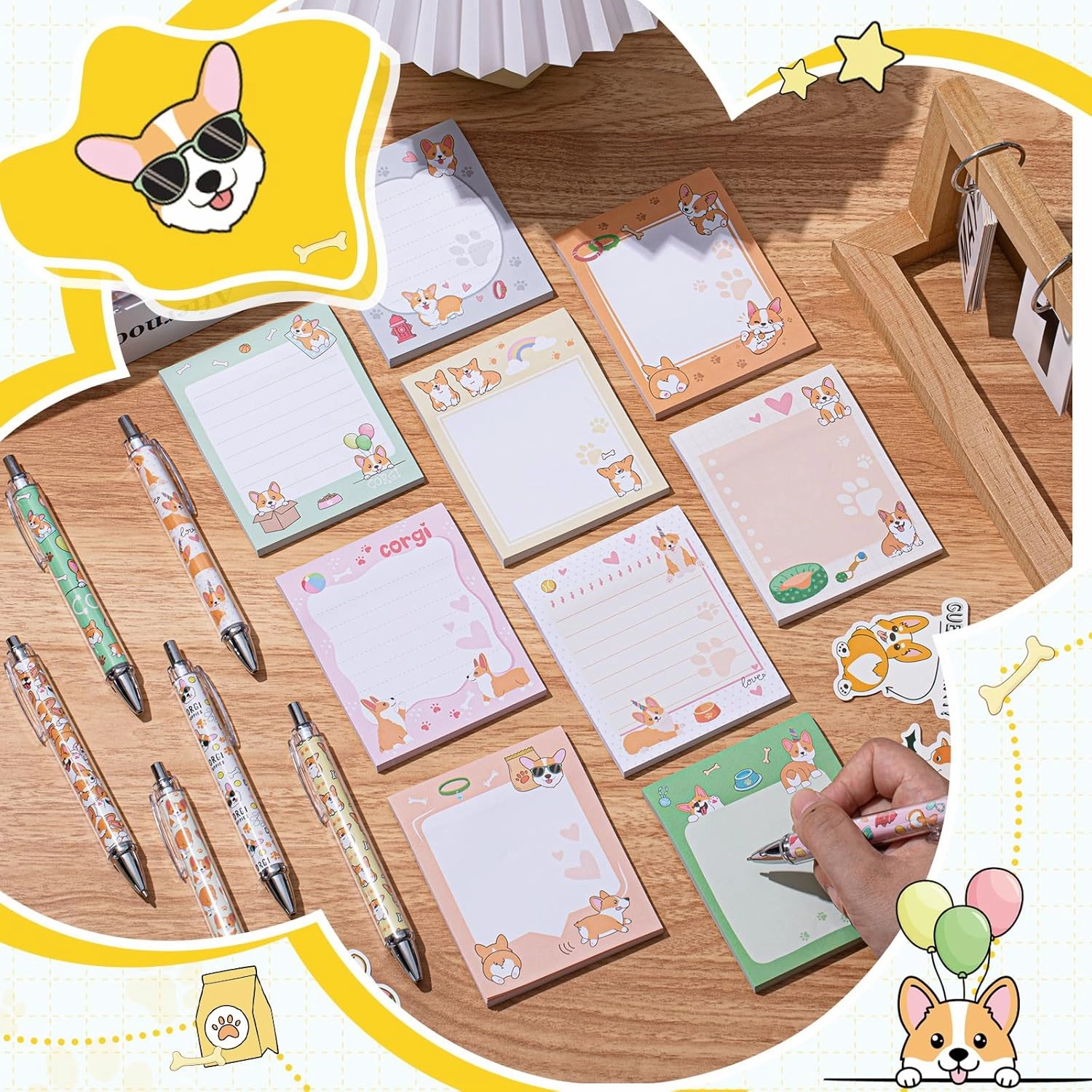 Theme Office Supplies Cute Gifts for Women Include Ballpoint Pens Sticky Notes Stickers School Stationery Set Lover Gifts for Birthday Party Favor Decoration Supplies(Corgi Dog)