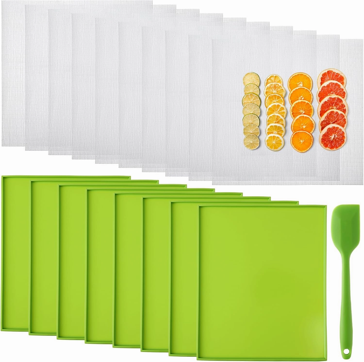 Thenshop 8 Pcs Silicone Dehydrator Sheets with Edge and 10 Pcs Mesh Dehydrator Mats with Silicone Scraper Tray Fruit Leather Trays for Non Stick Accessories for Liquid Meat Fruit (Green)