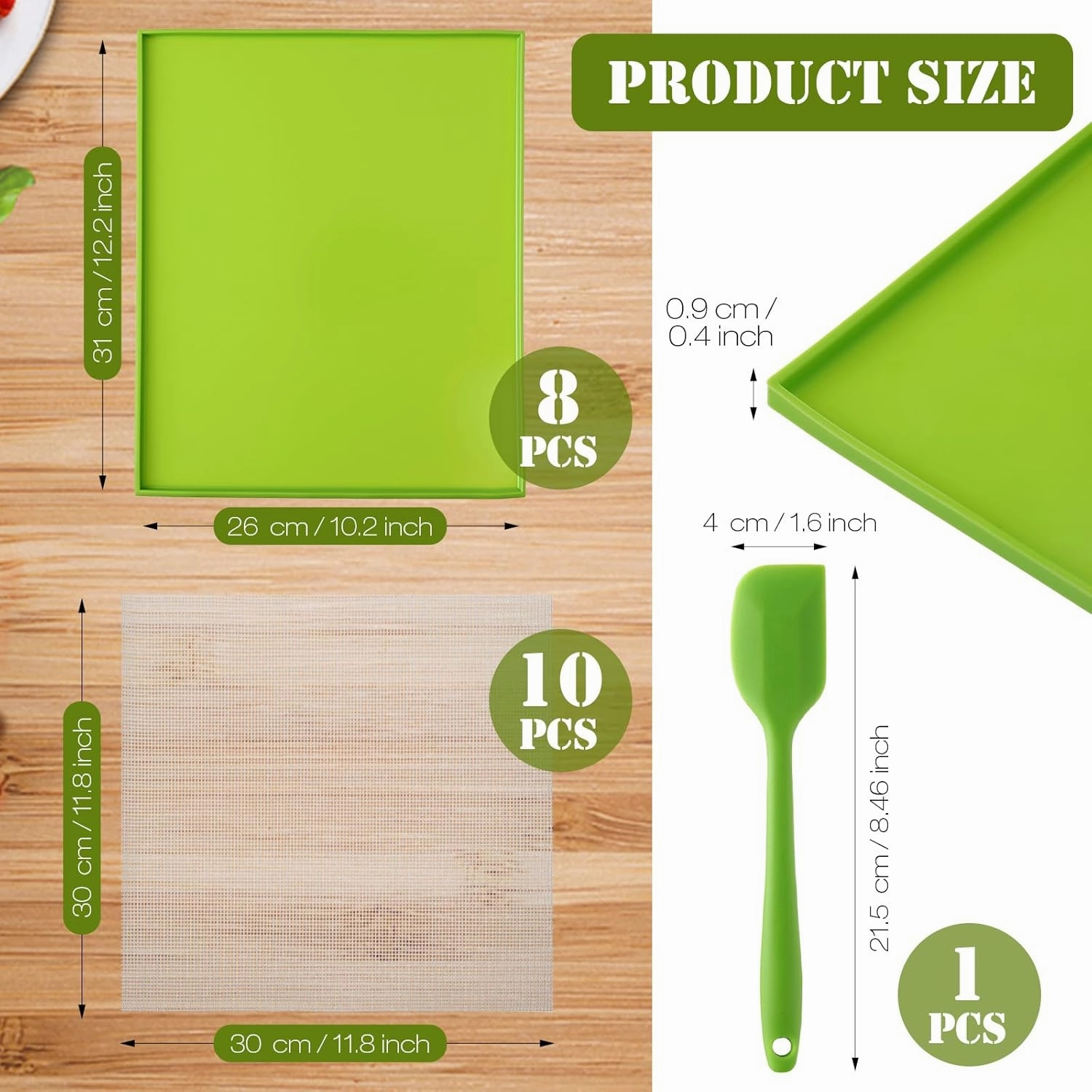 Thenshop 8 Pcs Silicone Dehydrator Sheets with Edge and 10 Pcs Mesh Dehydrator Mats with Silicone Scraper Tray Fruit Leather Trays for Non Stick Accessories for Liquid Meat Fruit (Green)