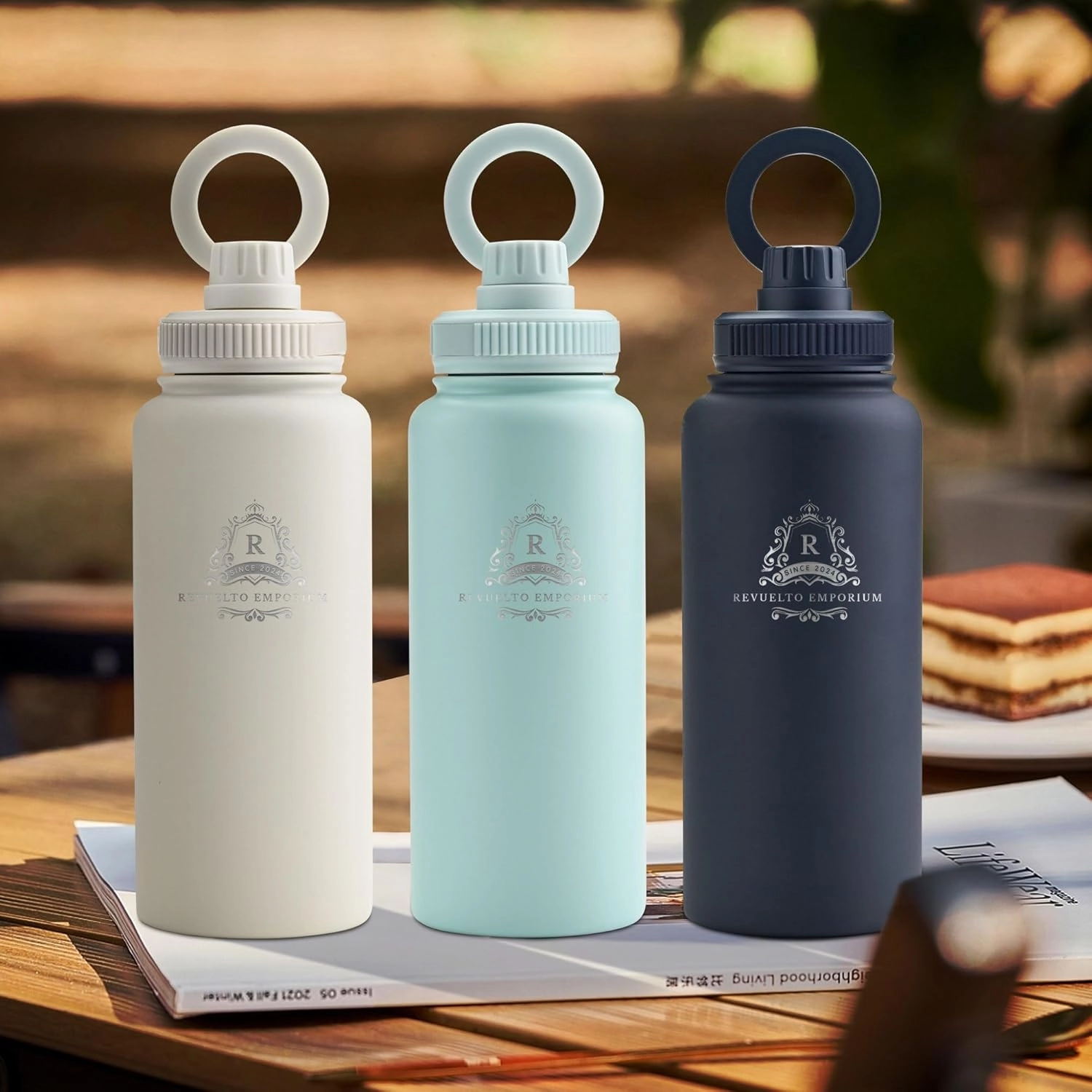 Thermol Insulated Stainless Steel Water Bottle, 32 oz, 3 Lids Set, Magnetic Phone Holder Lid, Sweat Proof, Double Wall Layer, Keeps Liquids Cold for 24 Hours & Hot for 12, Multi-Purpose. (Navy Blue)