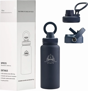 Thermol Insulated Stainless Steel Water Bottle, 32 oz, 3 Lids Set, Magnetic Phone Holder Lid, Sweat Proof, Double Wall Layer, Keeps Liquids Cold for 24 Hours & Hot for 12, Multi-Purpose. (Navy Blue)