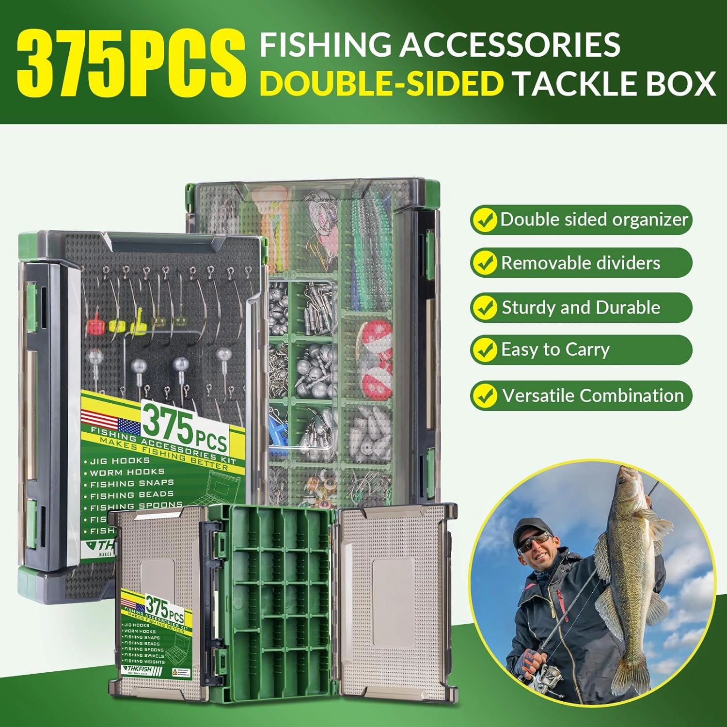 THKFISH 375pcs Fishing Accessories Kit, Double sided Organized Fishing Tackle Box with Tackle Included Hooks, Weights Sinkers, Bass Fishing Gear Gifts