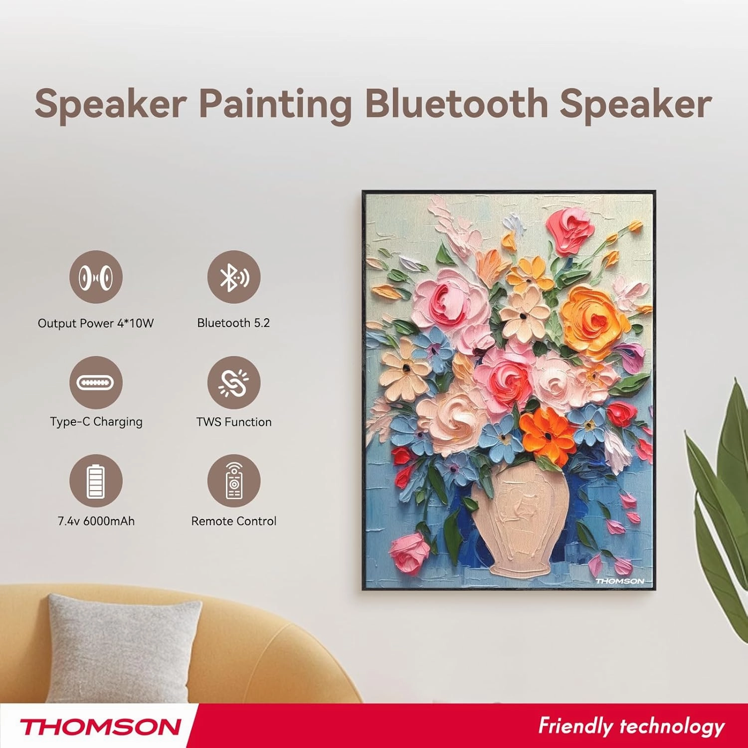THOMSON Wireless Bluetooth Speakers with Art Painting Decoration,Ceiling Wall Mounted,Built-in Battery Wall Speakers, Remote Control,Suitable for Bedroom, Office, Living Room, Hotel, Restaurant