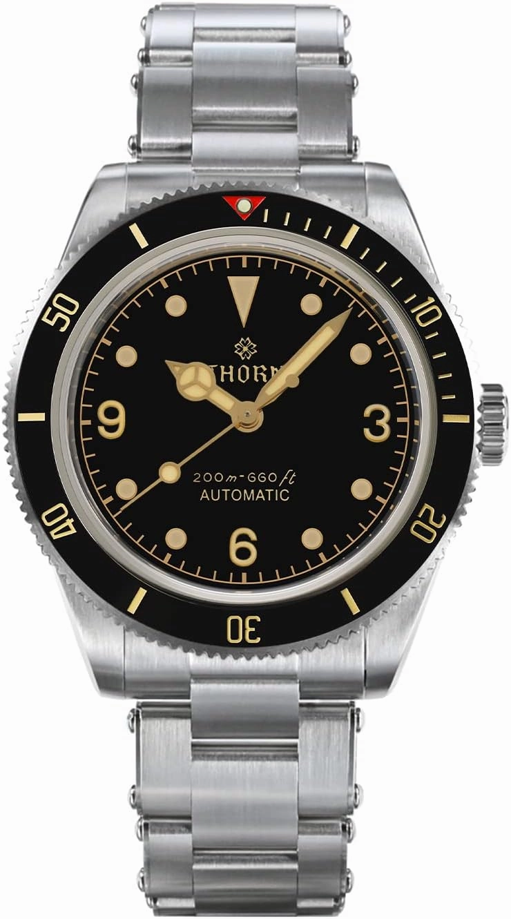 Thorn BB58 Men's Watch 39mm Black Dial Sapphire Crystal NH35 Automatic Movement Stainless Steel Bracelet 200M Waterproof Diver Watches
