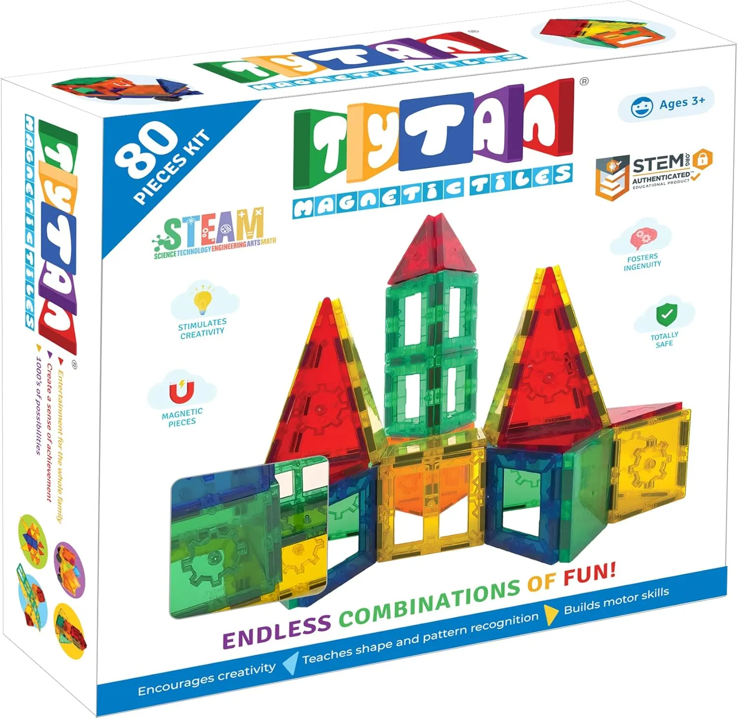 Tiles 80-Piece Magnetic Tiles Building Set, Ergonomic Design, Kids’ STEM Toy, Race Cars, Architectural Building, Creative Play, Pattern Recognition, Includes Storage Bag, Ages 3 and Up