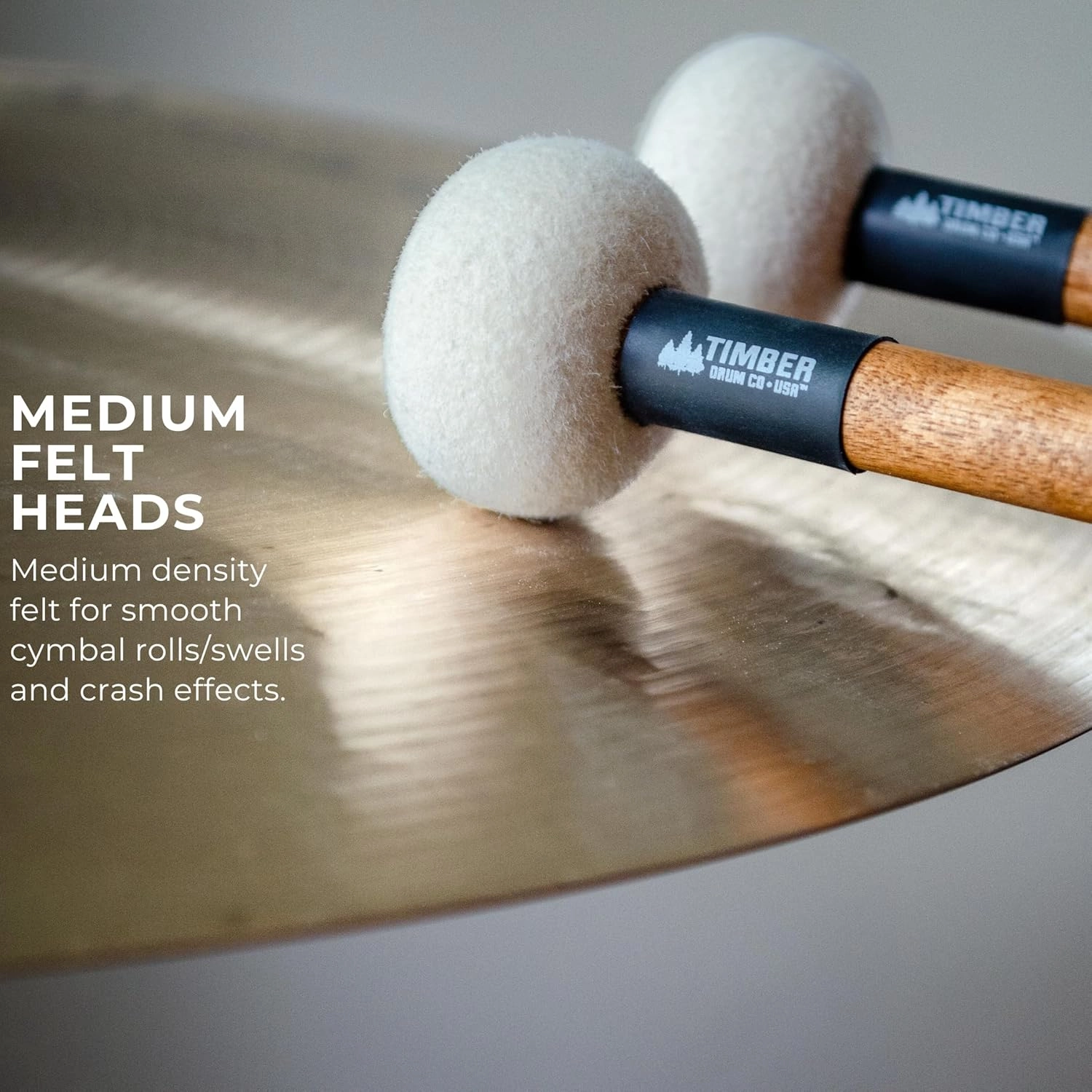 Timber Drum Co. Timpani Mallets, Medium Felt –– Also for Drum Set, Cymbal Roll, Percussion –– Birch Wood Handles 15.25"