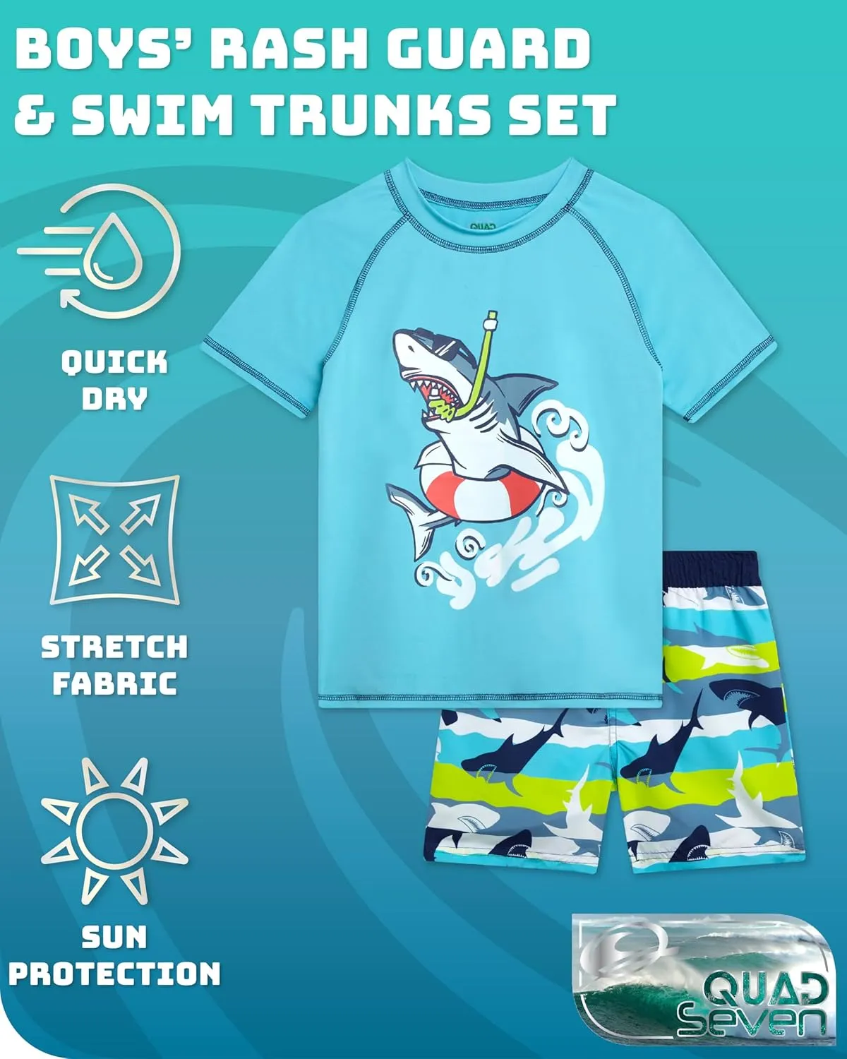 Toddler Baby Boys Swim Set - 4 Piece Swim Trunks and Short Sleeve Rash Guard for Boys Kids Swimwear (Sizes: 12M-7)