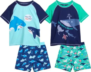 Toddler Baby Boys Swim Set - 4 Piece Swim Trunks and Short Sleeve Rash Guard for Boys Kids Swimwear (Sizes: 12M-7)