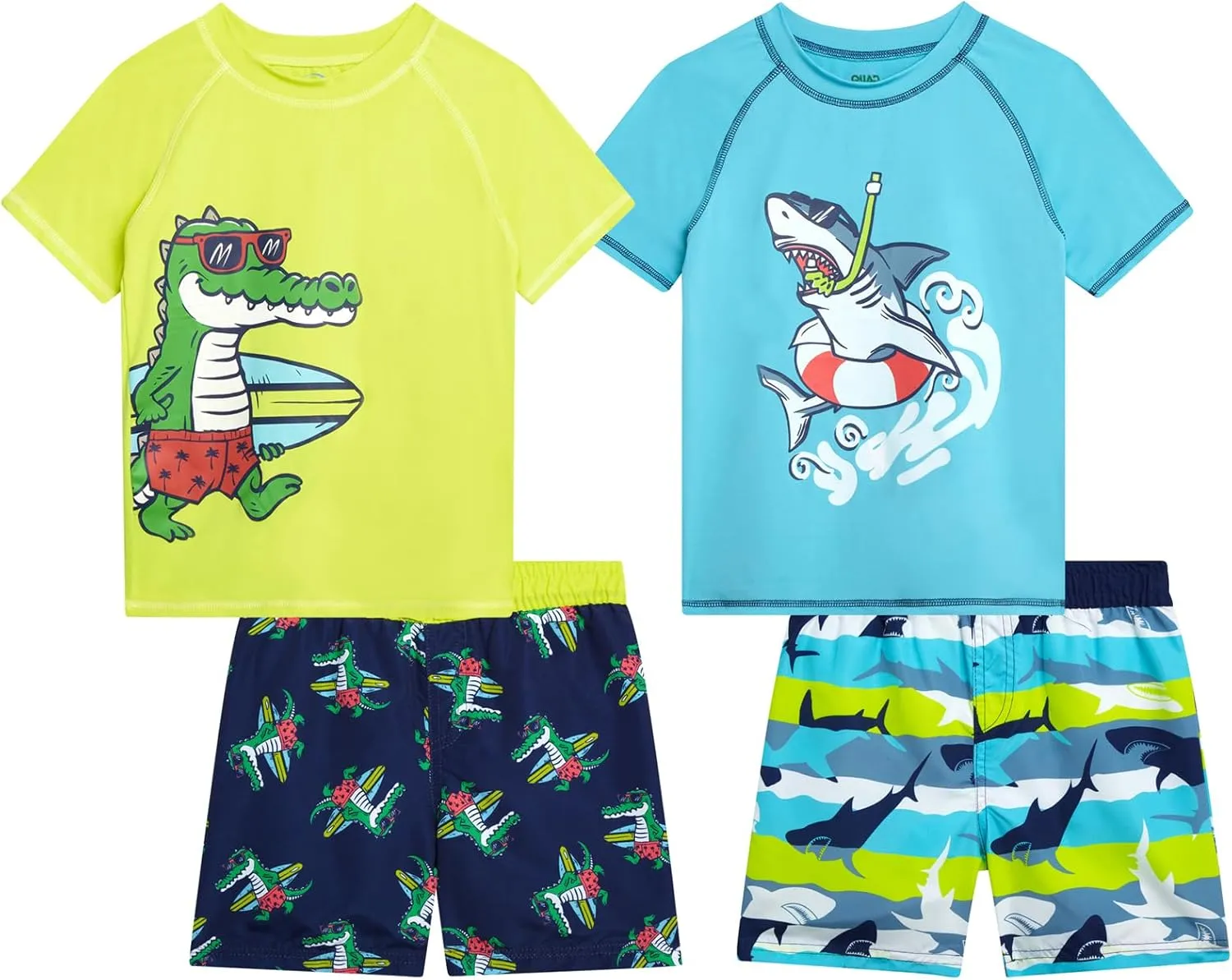 Toddler Baby Boys Swim Set - 4 Piece Swim Trunks and Short Sleeve Rash Guard for Boys Kids Swimwear (Sizes: 12M-7)