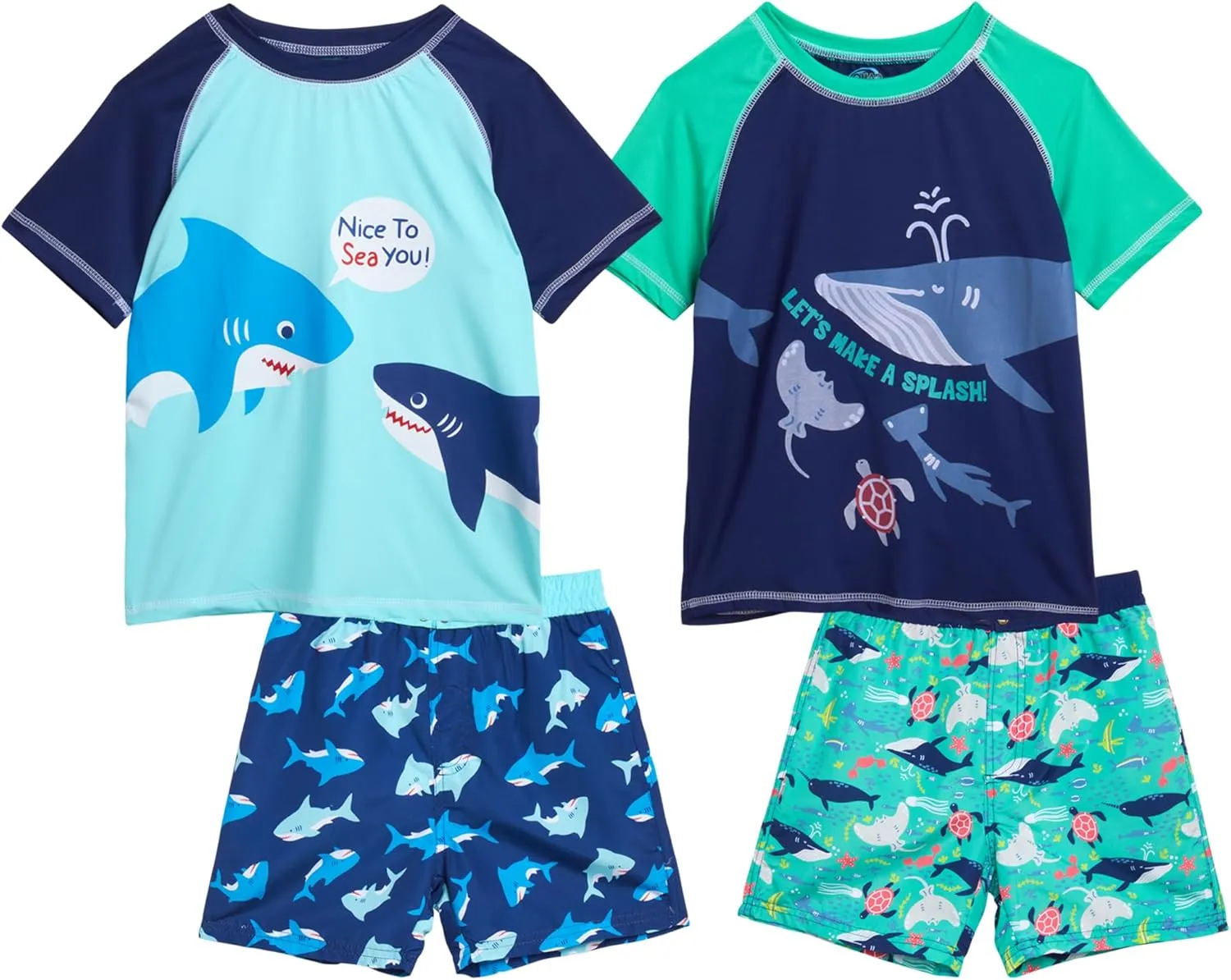 Toddler Baby Boys Swim Set - 4 Piece Swim Trunks and Short Sleeve Rash Guard for Boys Kids Swimwear (Sizes: 12M-7)