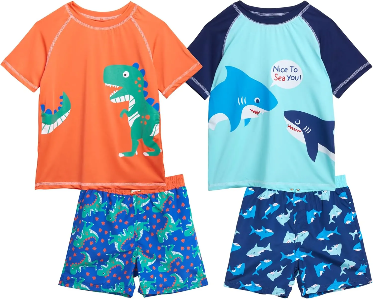 Toddler Baby Boys Swim Set - 4 Piece Swim Trunks and Short Sleeve Rash Guard for Boys Kids Swimwear (Sizes: 12M-7)
