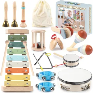 Toddler Musical Instruments-11 in 1 Baby Montessori Wooden Toys for Toddlers 1-3, Neutral Colors Percussion Instruments with Modern Boho Xylophone for Kids Preschool Educational 3  with Storage Bag