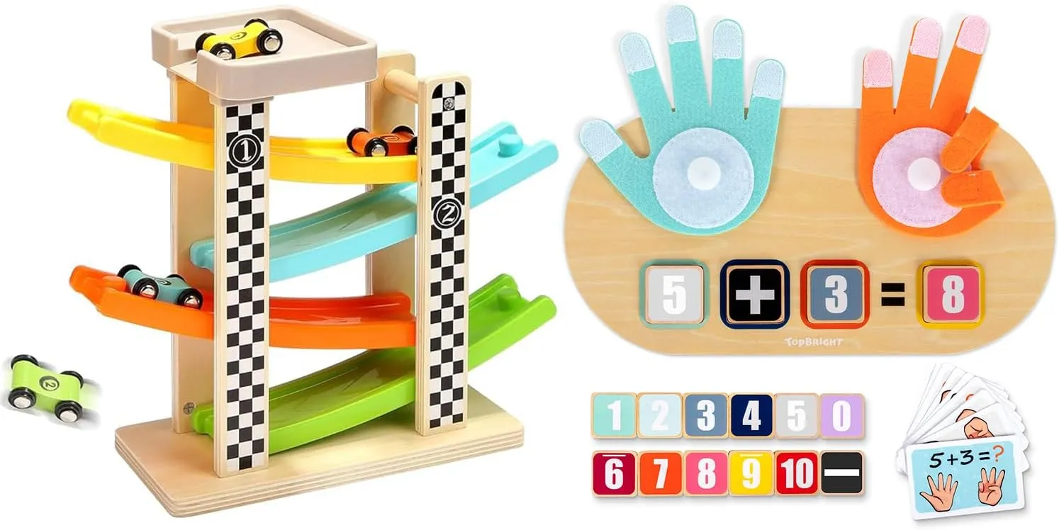TOP BRIGHT Montessori Car Ramp Track Toys for Toddler 1-3, Finger Math Learning Toys for Toddlers 2-4 Educational Gift