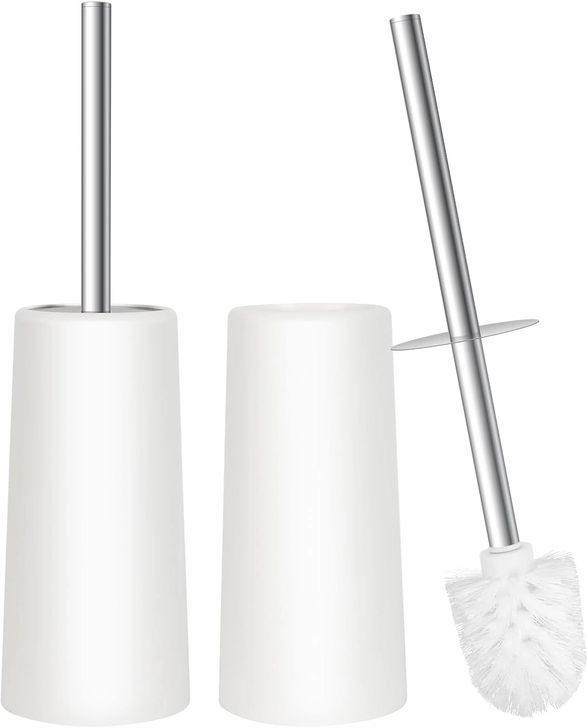 Topsky 2 Pack Closed Toilet Brush with Stainless Steel Handle - White Toilet Brush with Compact Holder & Conical Plastic Container - Hygienic, Modern & Space Saving for Bathroom & Toilet (White)