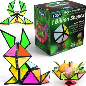 TOSY Magnet Pyramid Glow - 1 Cube Transforms into 1 Billion Shapes, 12 pcs, 4th of July Decorations, 243 Rare Earth Magnets, Glowing, Holographic Design Magnet Tiles Creative Puzzle STEM/STEAM Toy