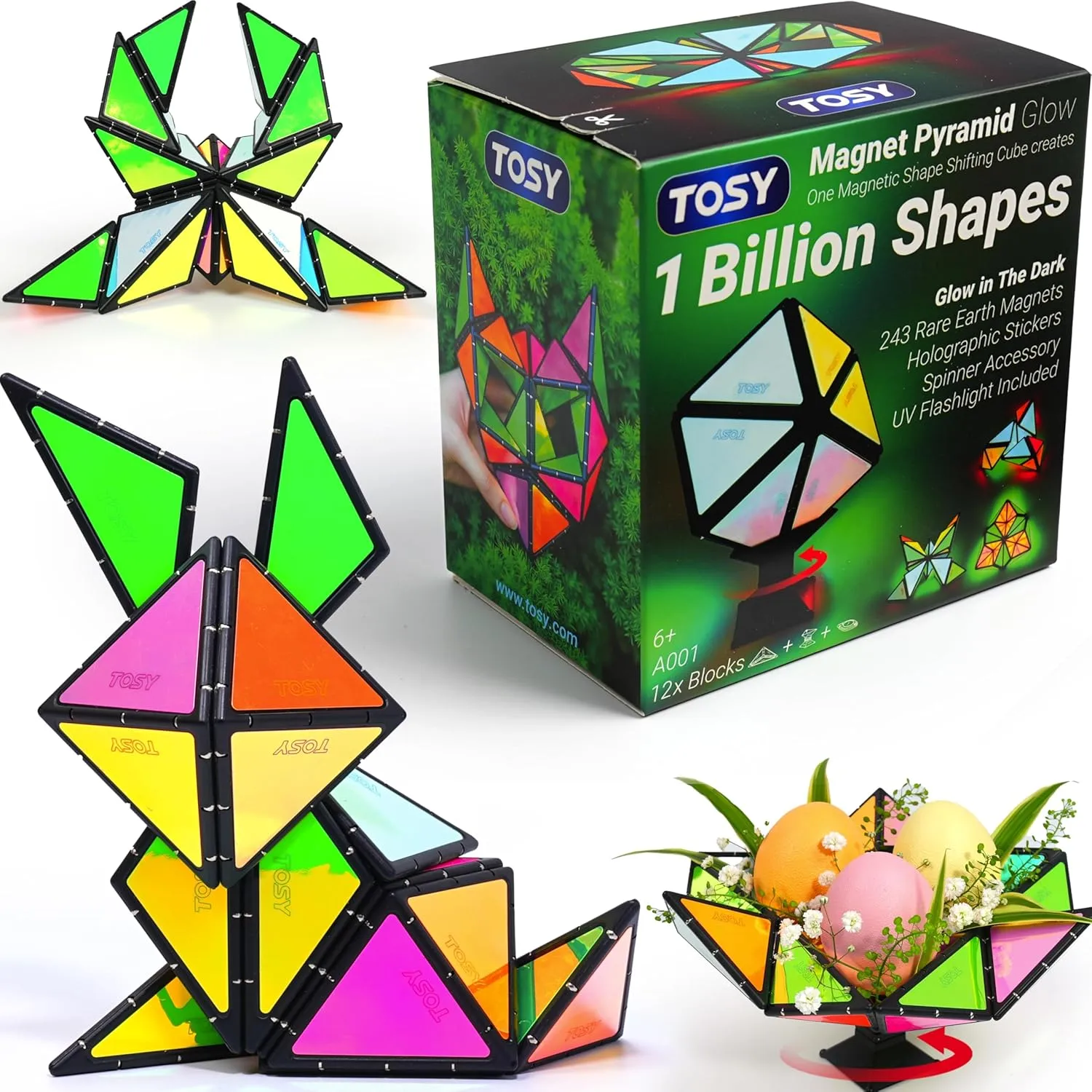 TOSY Magnet Pyramid Glow - 1 Cube Transforms into 1 Billion Shapes, 12 pcs, 4th of July Decorations, 243 Rare Earth Magnets, Glowing, Holographic Design Magnet Tiles Creative Puzzle STEM/STEAM Toy