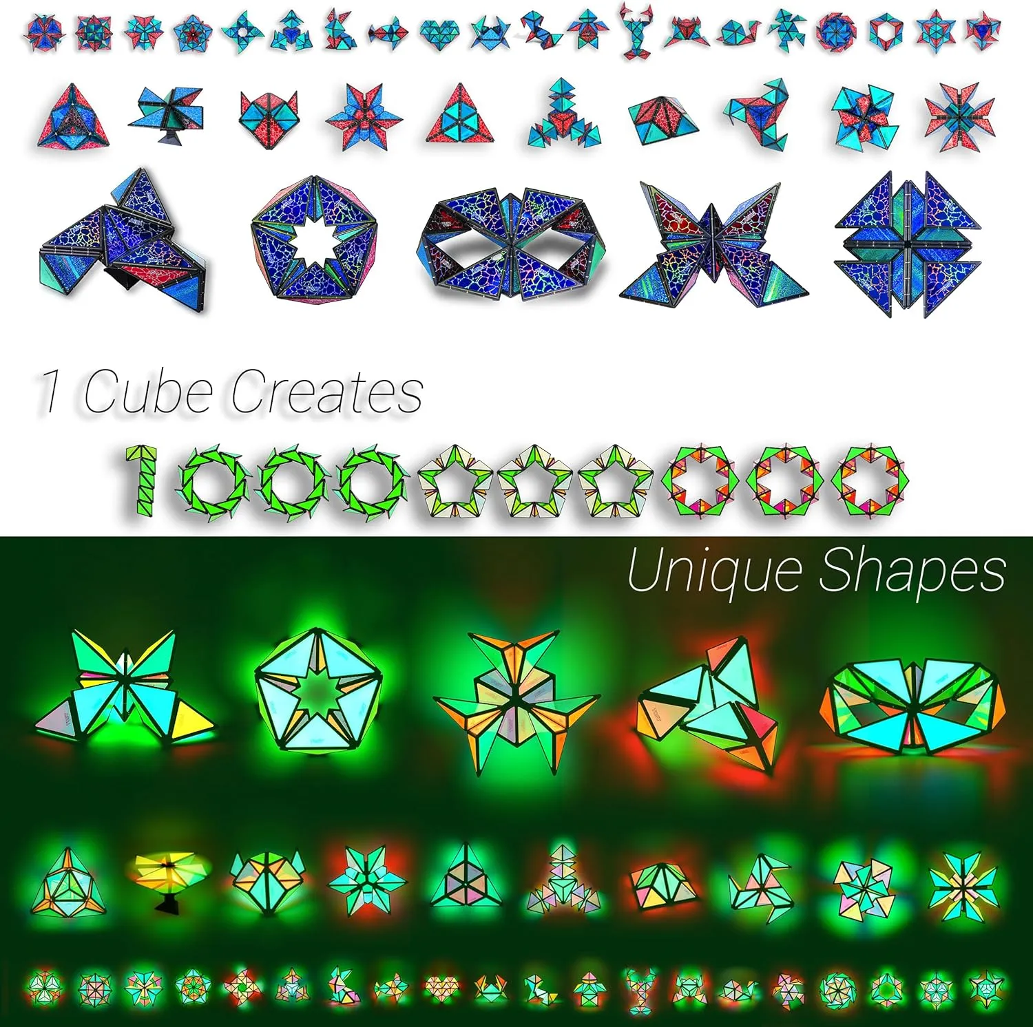 TOSY Magnet Pyramid Glow - 1 Cube Transforms into 1 Billion Shapes, 12 pcs, 4th of July Decorations, 243 Rare Earth Magnets, Glowing, Holographic Design Magnet Tiles Creative Puzzle STEM/STEAM Toy