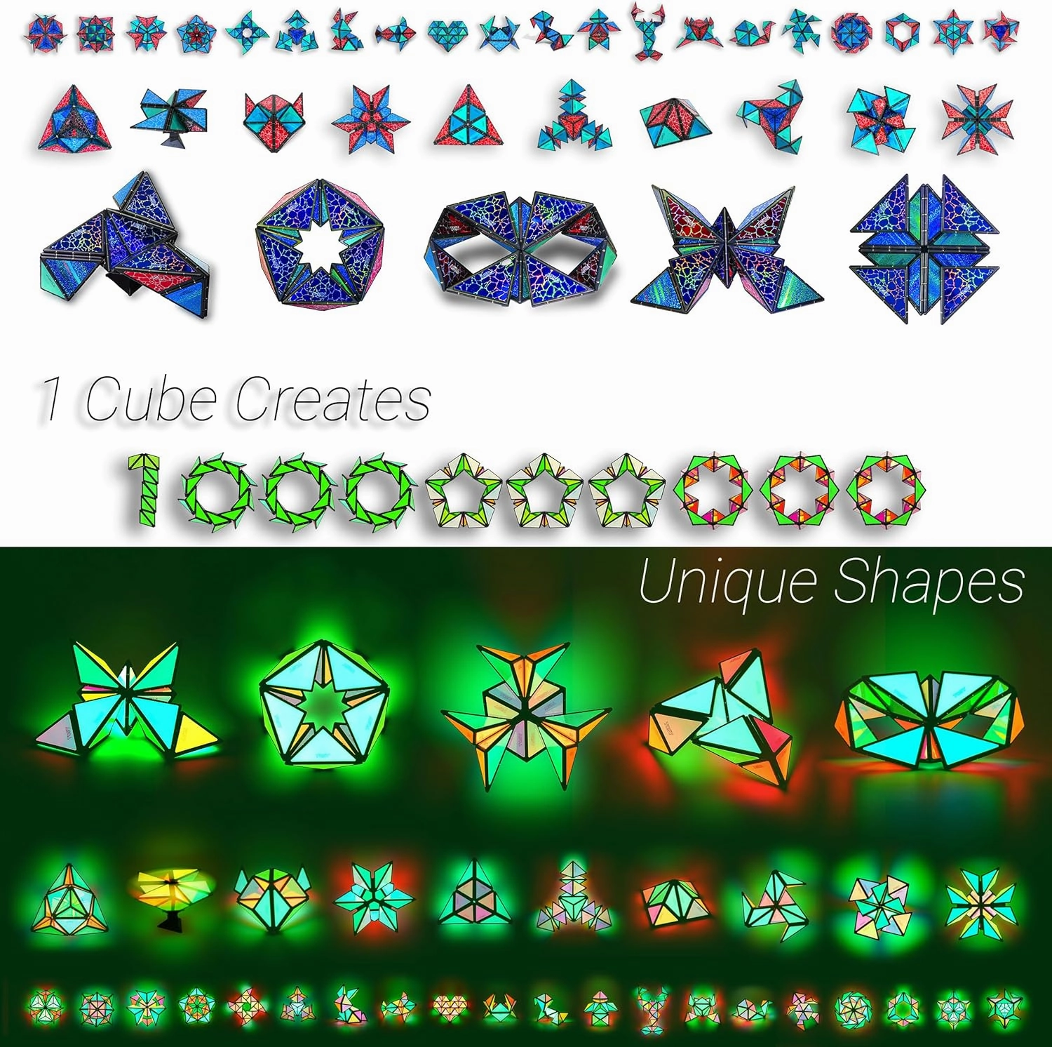 TOSY Magnet Pyramid - 1 Cube Transforms into 1 Billion Shapes, 12 Pieces, 243 Rare Earth Magnets, Glowing, Holographic Magnet Tiles Creative Puzzle STEAM Toy, Mixed Set