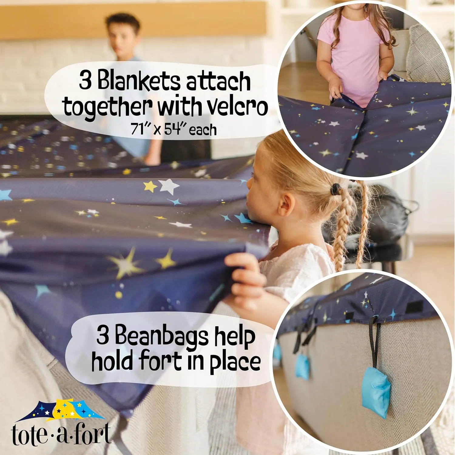 Tote a Fort Starry Blanket Fort Building Kit for Kids, 3 Blanket TOTEAFORT Toy, Make a Portable Playhouse, Play Tent Boy and Girl Indoor Outdoor Build Set, STEM Children Toy, Ages 4, 8, 12  