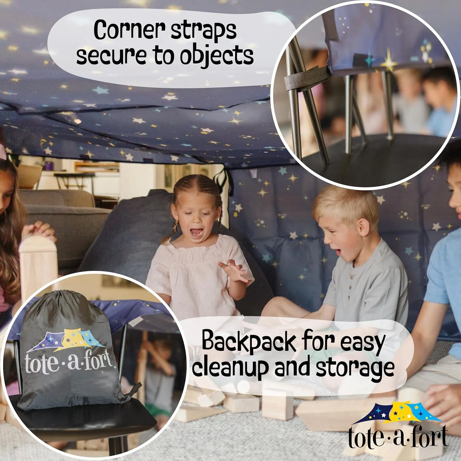 Tote a Fort Starry Blanket Fort Building Kit for Kids, 3 Blanket TOTEAFORT Toy, Make a Portable Playhouse, Play Tent Boy and Girl Indoor Outdoor Build Set, STEM Children Toy, Ages 4, 8, 12  