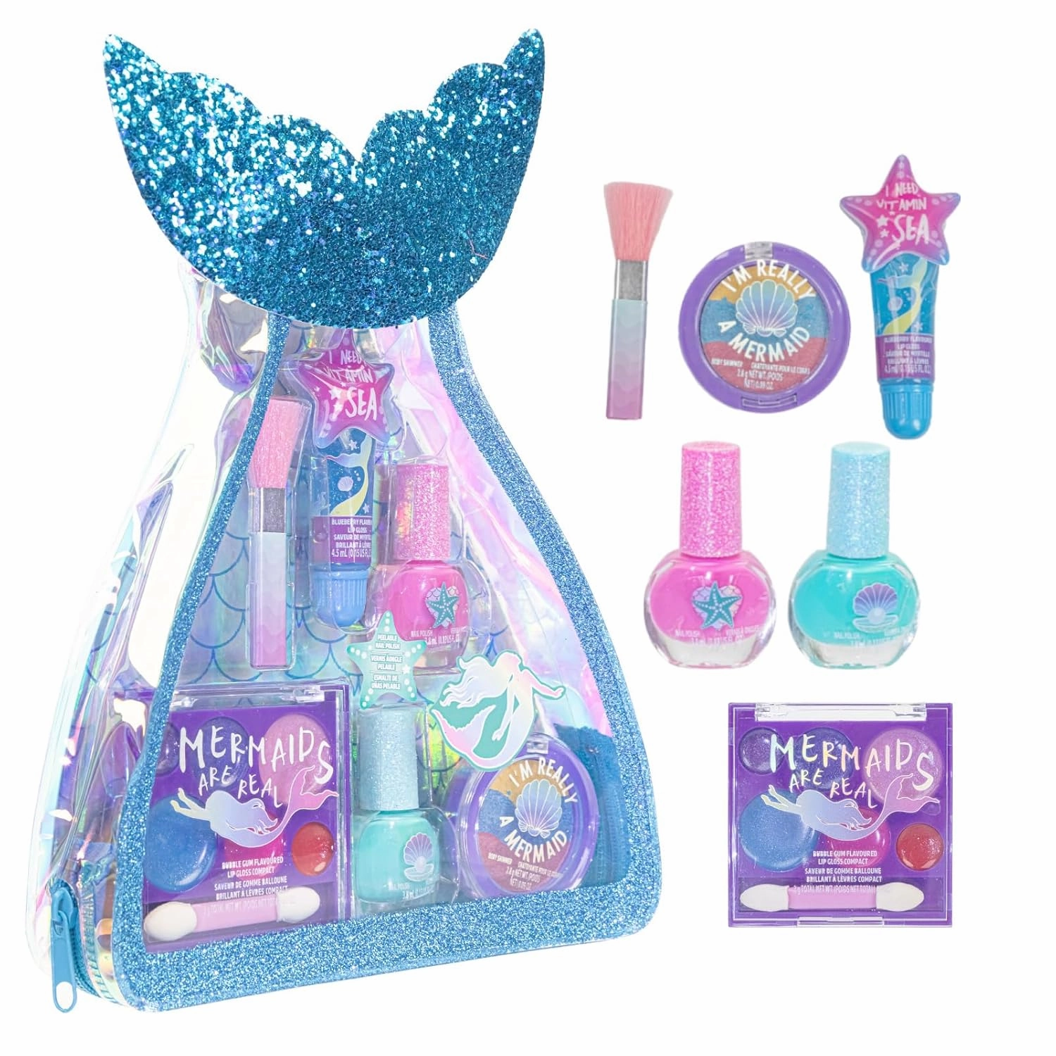 Townley Girl Mermaid Vibes Makeup Set with 8 Pieces, Including Lip Gloss, Nail Polish, Body Shimmer and More in Mermaid Bag, Ages 3  for Parties, Sleepovers and Makeovers