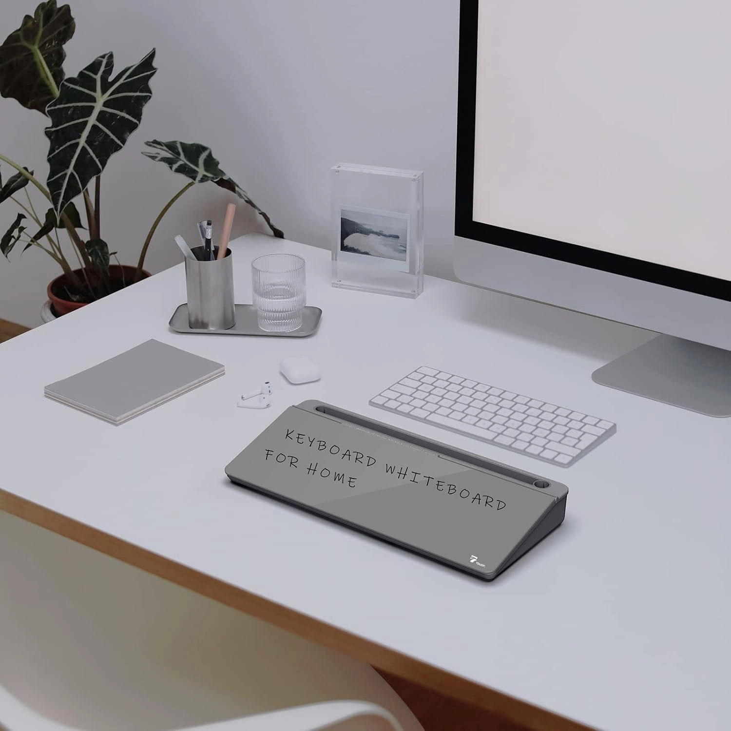 TOWON Small Tilted Desktop Glass Whiteboard, Notepad Computer Keyboard Stand with Dry Erase Board Surface, Desk Organizers with Accessories for Office, Home, School Supplies, Gray, 17 x 6 Inches