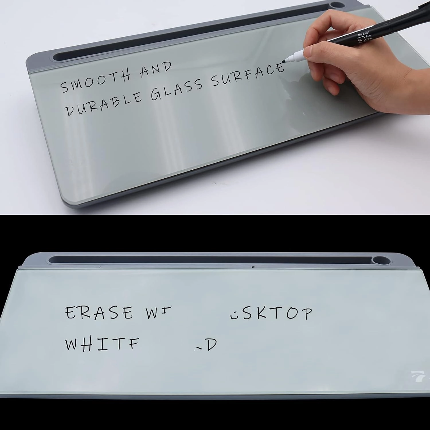 TOWON Small Tilted Desktop Glass Whiteboard, Notepad Computer Keyboard Stand with Dry Erase Board Surface, Desk Organizers with Accessories for Office, Home, School Supplies, Gray, 17 x 6 Inches