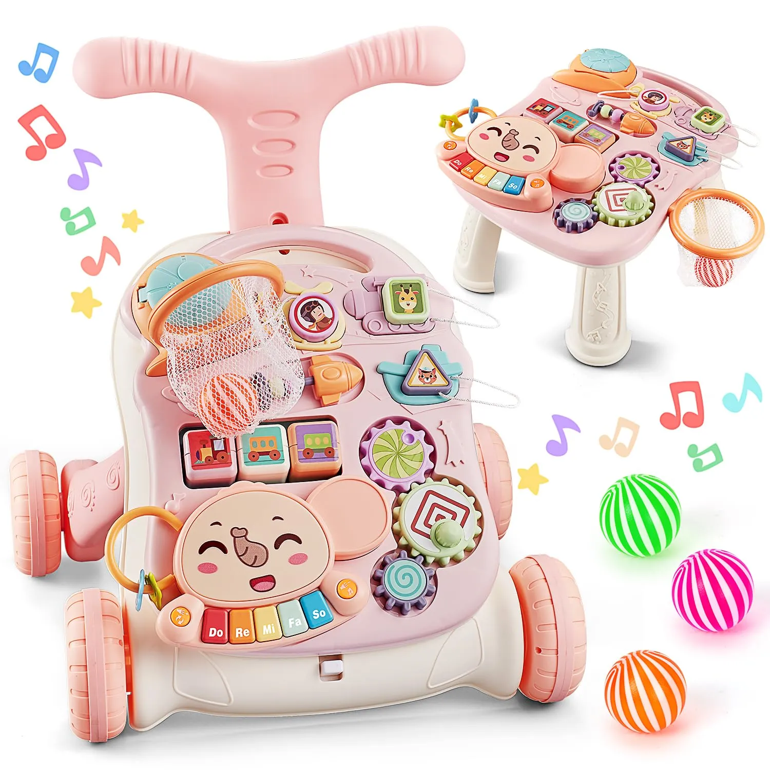 TOY Life 3 in 1 Baby Push Walker and Activity Center for Girl, Sit to Stand Walker for Babies 6-12 Months, Walking Toys with Music Panel for Infants and Toddlers Learning to Walk Pink