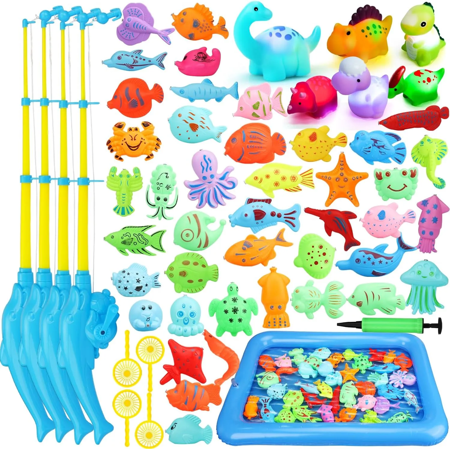 TOY Life 4-Player Magnetic Fishing Game for Kids 3-5 and 6 Packs Light Up Dinosaur Bath Toys for Kids, Kids Fishing Pole, Toddler Bath Toys for Kids, Summer Pool Water Toys for Kids