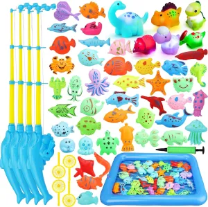 TOY Life 4-Player Magnetic Fishing Game for Kids 3-5 and 6 Packs Light Up Dinosaur Bath Toys for Kids, Kids Fishing Pole, Toddler Bath Toys for Kids, Summer Pool Water Toys for Kids