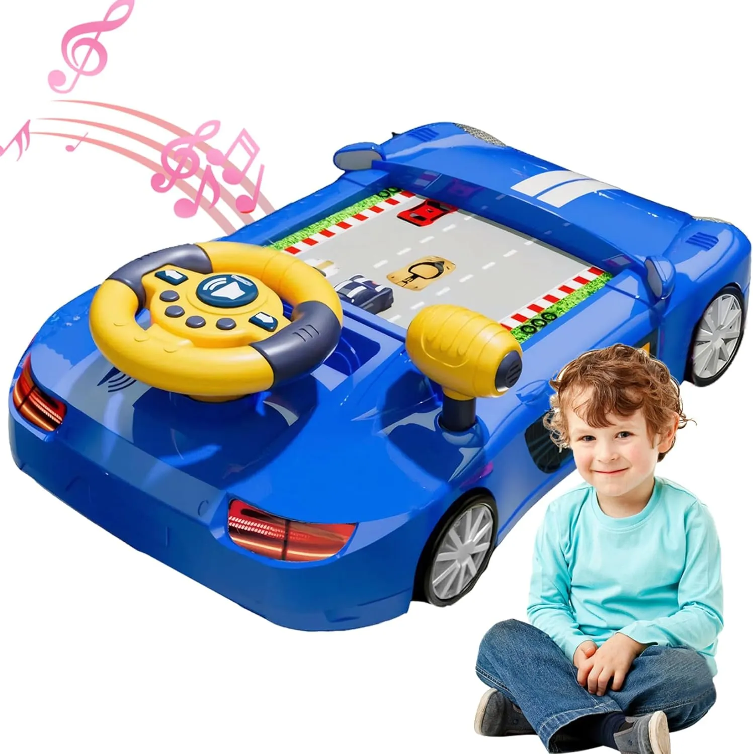 Toy Steering Wheel with Music ＆ Sound, Driving Simulator Baby Car Racing Toy Interactive Battery Powered Baby Steering Wheel for 3  Years Old Boys Girls, Blue
