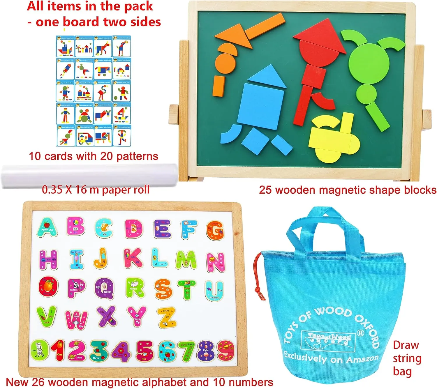 Toys of Wood Oxford TOWO Wooden Easel for Children Foldable Double Magnetic Boards Magnetic Shapes Letters Numbers and Paper roll Kids Art Easel -Table Top Magnetic Board for Kids