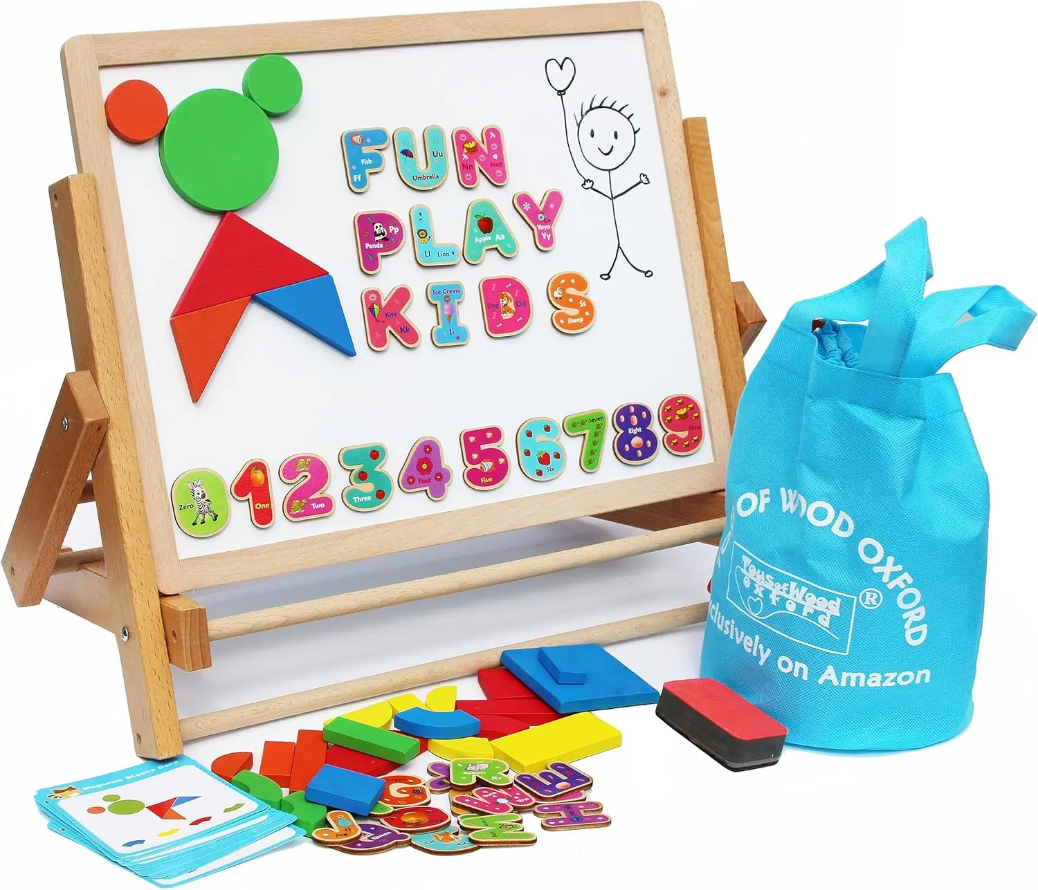 Toys of Wood Oxford TOWO Wooden Easel for Children Foldable Double Magnetic Boards Magnetic Shapes Letters Numbers and Paper roll Kids Art Easel -Table Top Magnetic Board for Kids