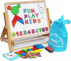 Toys of Wood Oxford TOWO Wooden Easel for Children Foldable Double Magnetic Boards Magnetic Shapes Letters Numbers and Paper roll Kids Art Easel -Table Top Magnetic Board for Kids