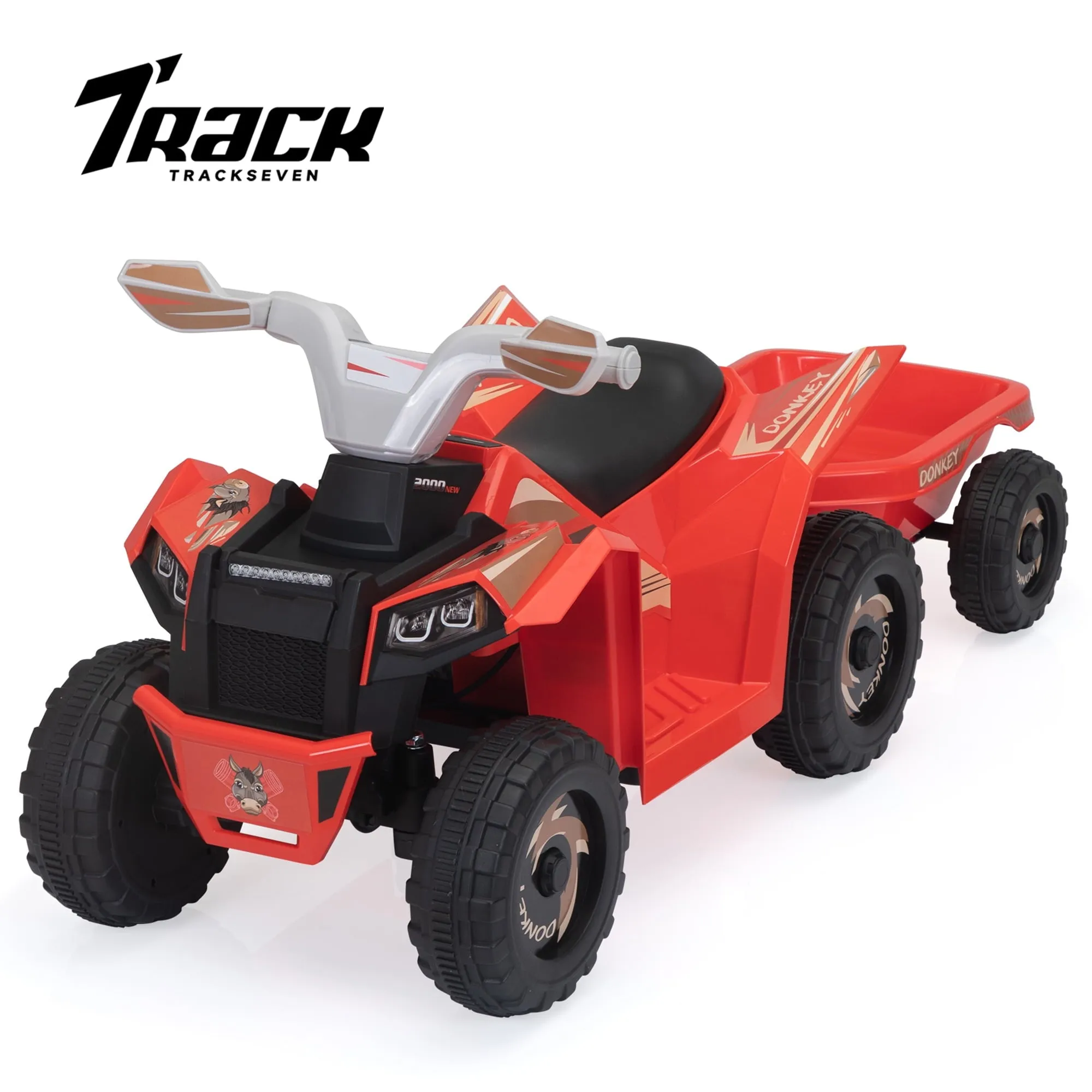 Track 7 Kids Ride on ATV with Trailer, 4 Wheeler Electric Quad Vehicle, Ride on Car with Music, Horn, Power Display, Kids Electric ATV, Rose Red