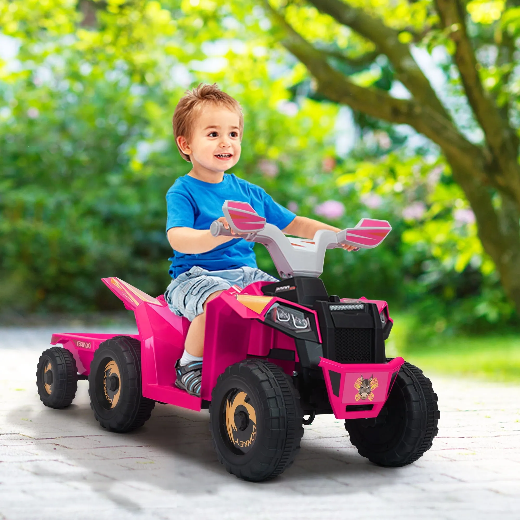 Track 7 Kids Ride on ATV with Trailer, 4 Wheeler Electric Quad Vehicle, Ride on Car with Music, Horn, Power Display, Kids Electric ATV, Rose Red