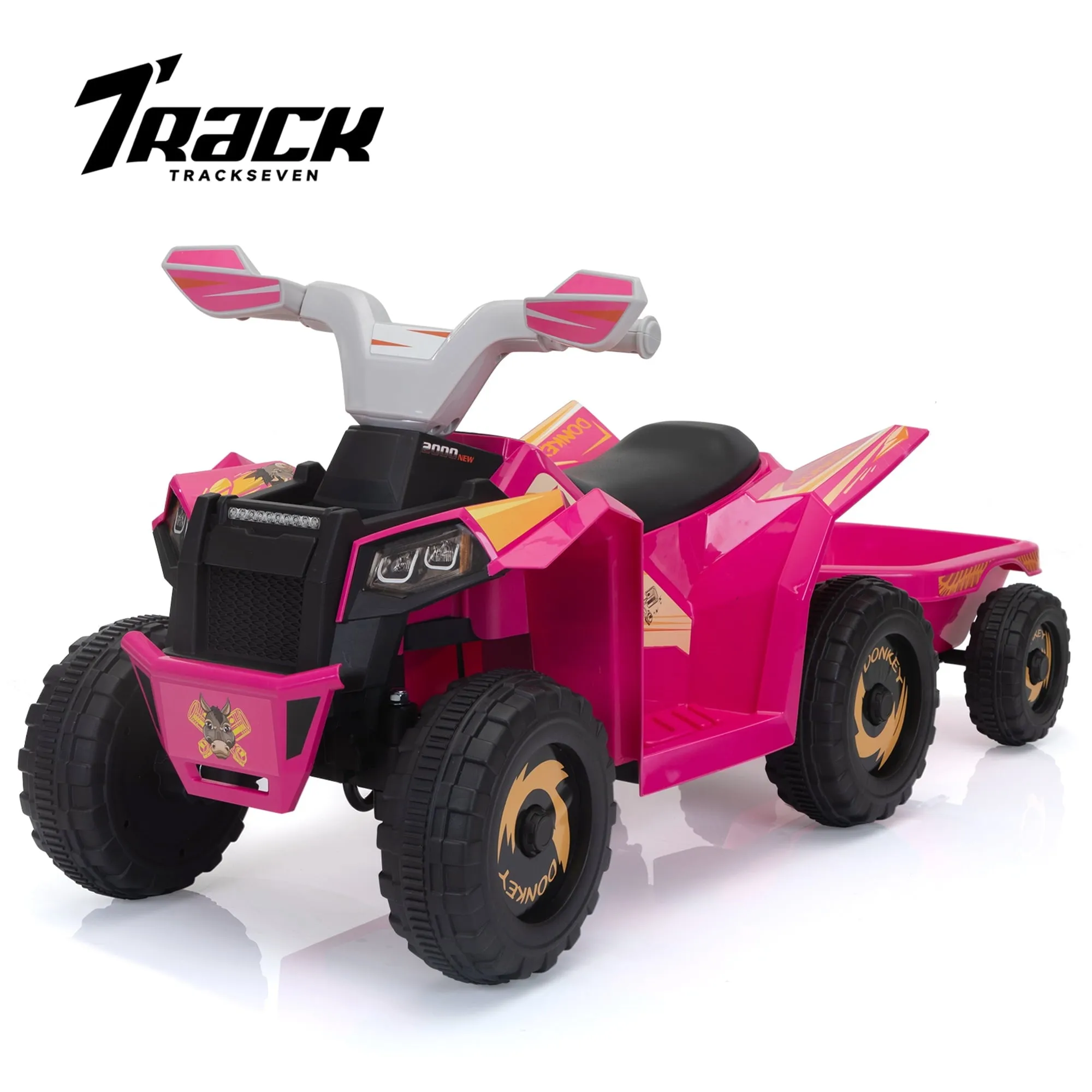 Track 7 Kids Ride on ATV with Trailer, 4 Wheeler Electric Quad Vehicle, Ride on Car with Music, Horn, Power Display, Kids Electric ATV, Rose Red