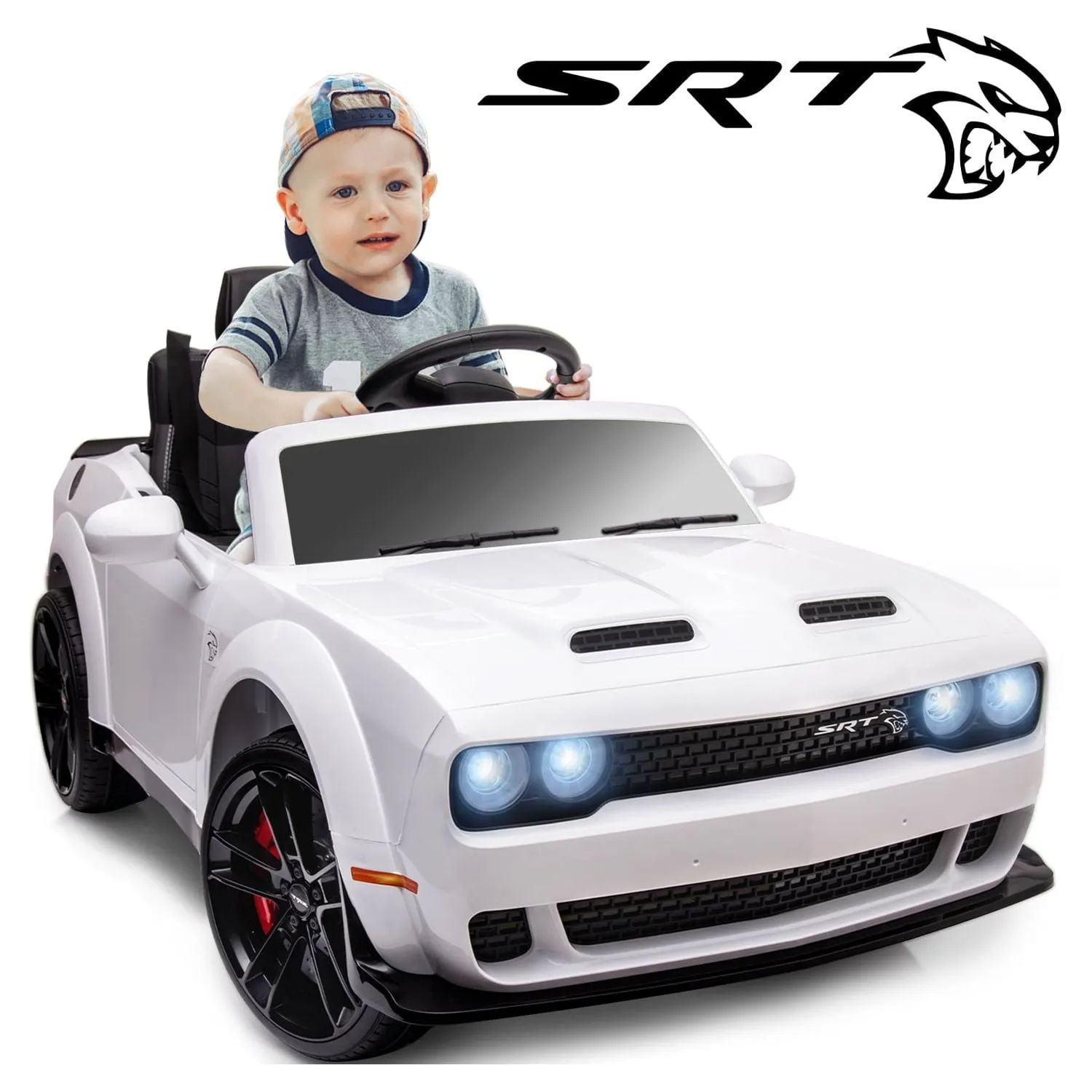 Track 7 Kids Ride on Police Car, Licensed Dodge Challenger SRT 12V Electric Car for Kids Age 3 , Remote Control, Music