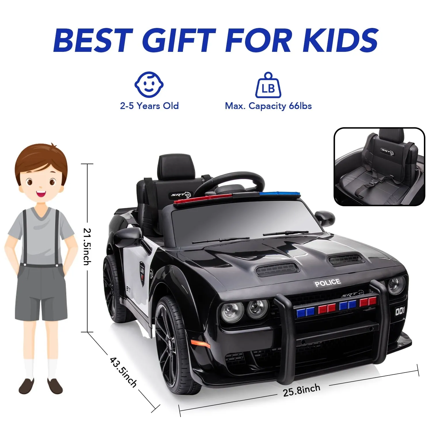 Track 7 Kids Ride on Police Car, Licensed Dodge Challenger SRT 12V Electric Car for Kids Age 3 , Remote Control, Music