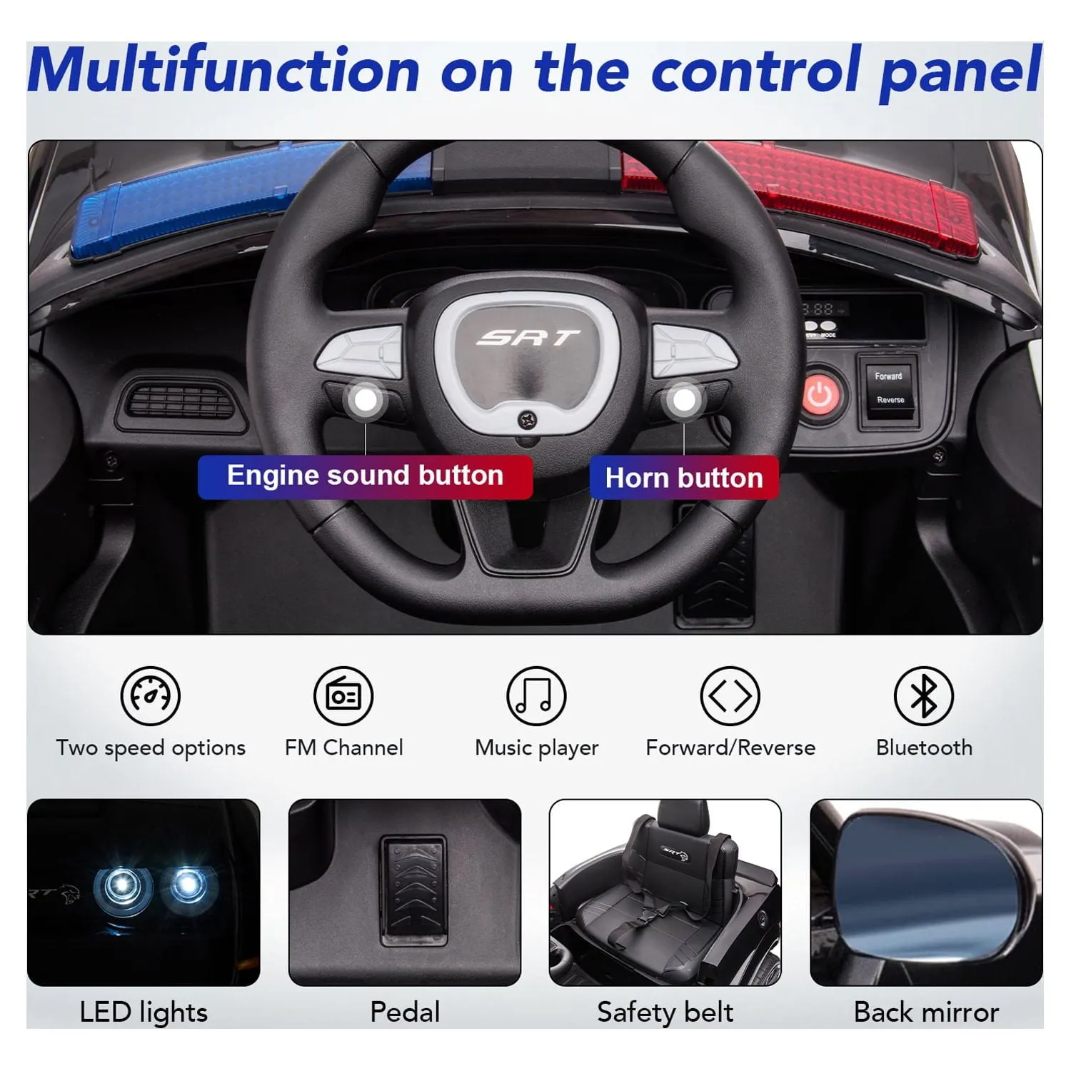 Track 7 Kids Ride on Police Car, Licensed Dodge Challenger SRT 12V Electric Car for Kids Age 3 , Remote Control, Music