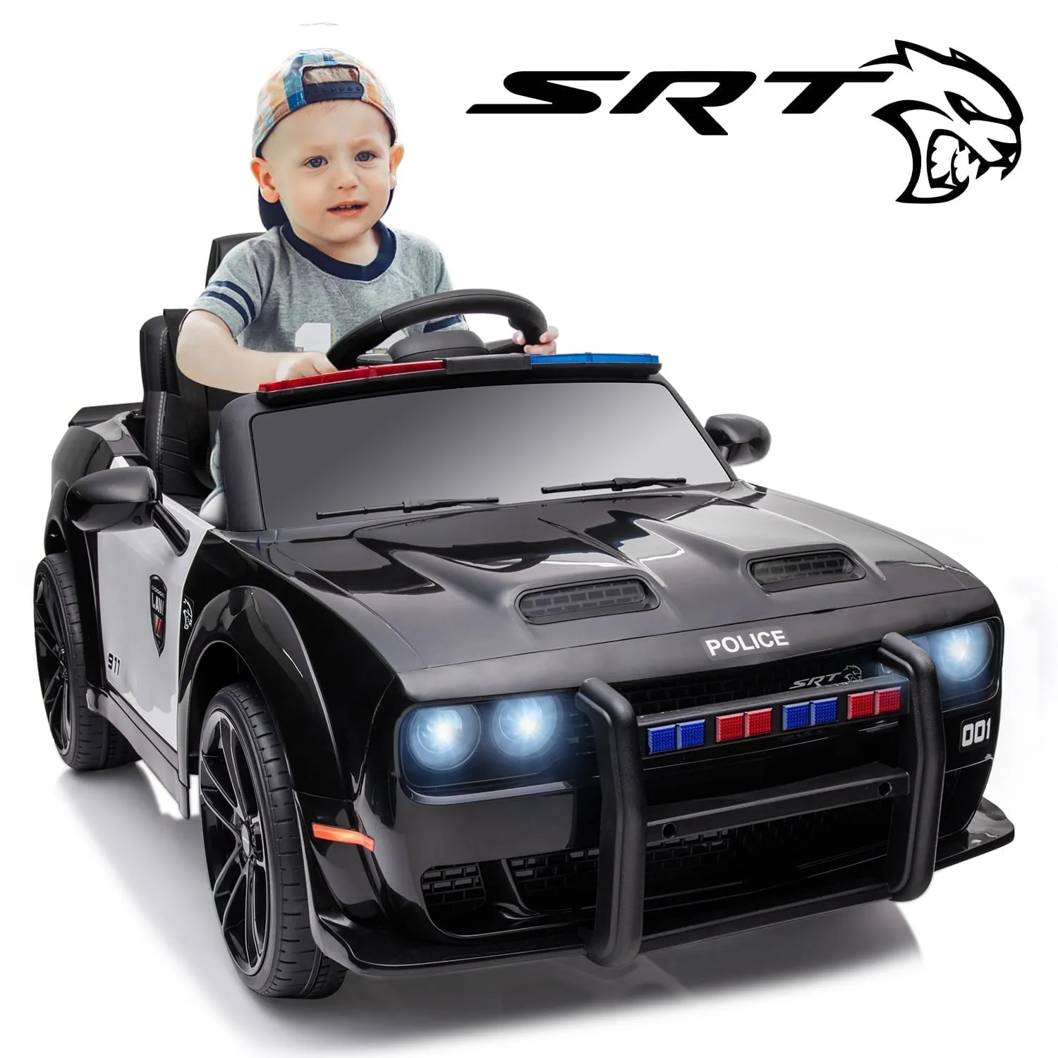 Track 7 Kids Ride on Police Car, Licensed Dodge Challenger SRT 12V Electric Car for Kids Age 3 , Remote Control, Music