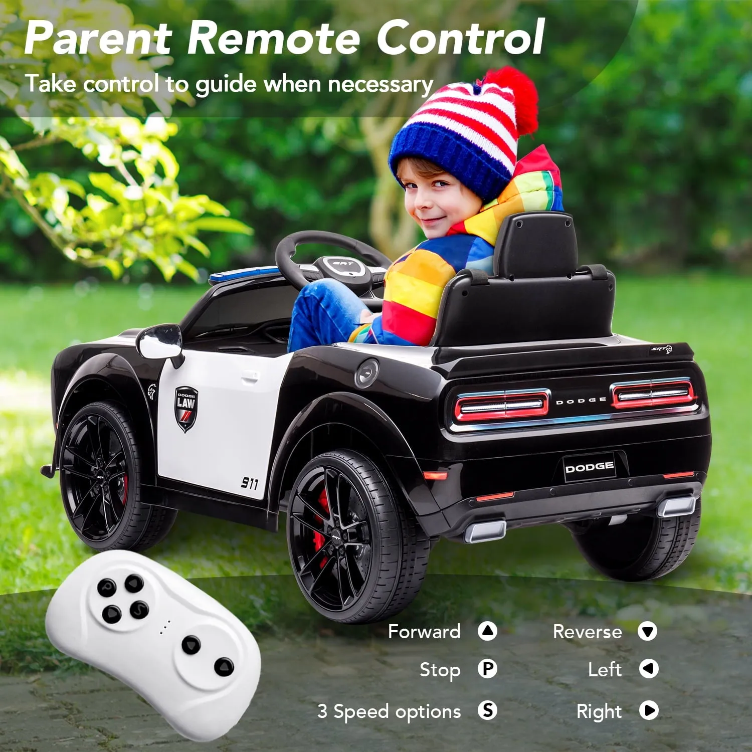 Track 7 Kids Ride on Police Car, Licensed Dodge Challenger SRT 12V Electric Car for Kids Age 3 , Remote Control, Music